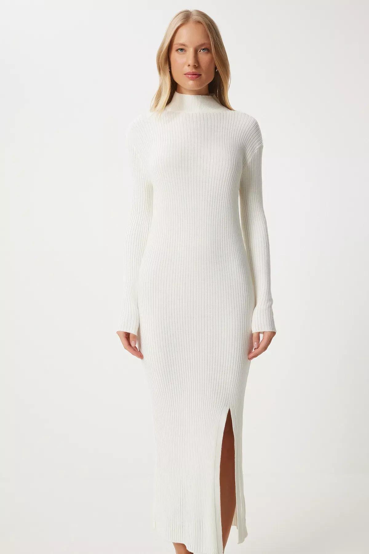 Ecru Collared Wrapped Ed Knitted Dress, Ecru, large image number 3