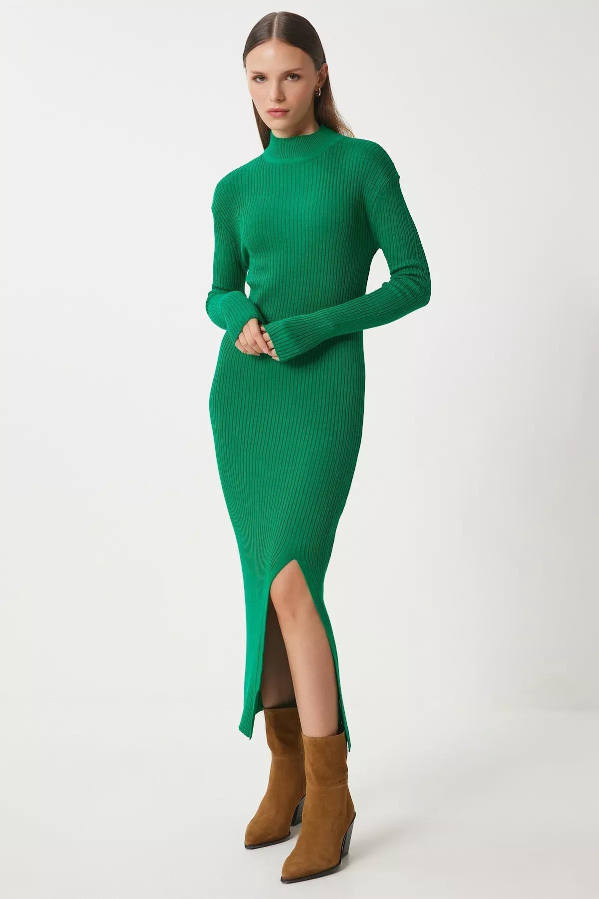 Green Stand Collar Slit Wrap Knit Dress, Green, large image number 1