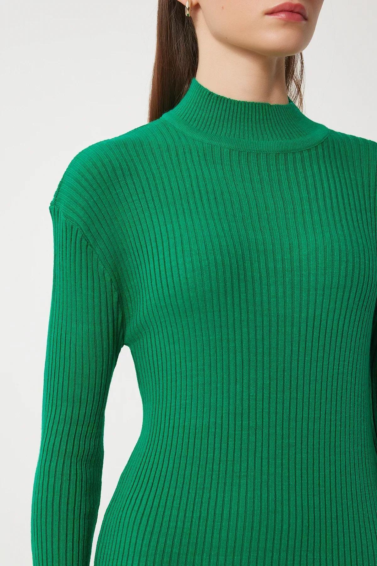 Green Stand Collar Slit Wrap Knit Dress, Green, large image number 3