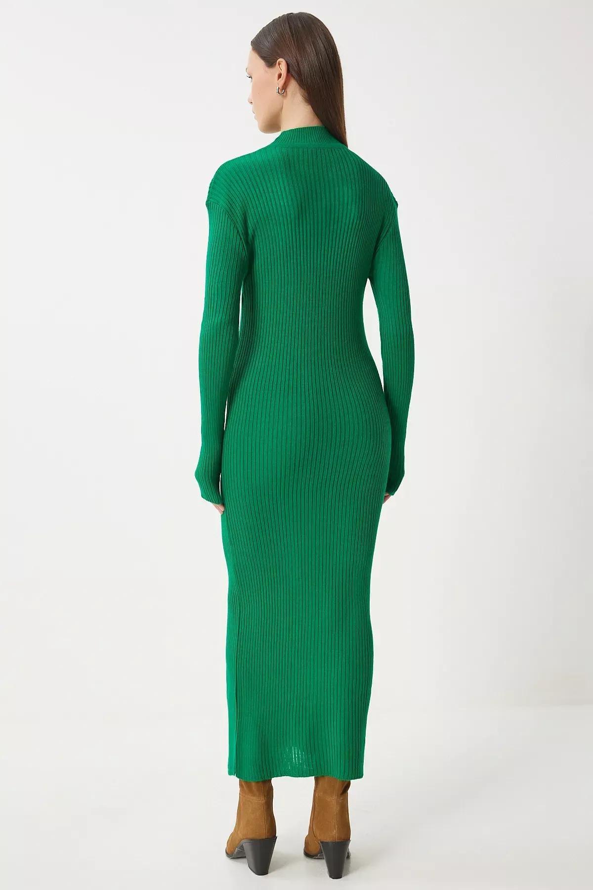 Green Stand Collar Slit Wrap Knit Dress, Green, large image number 4