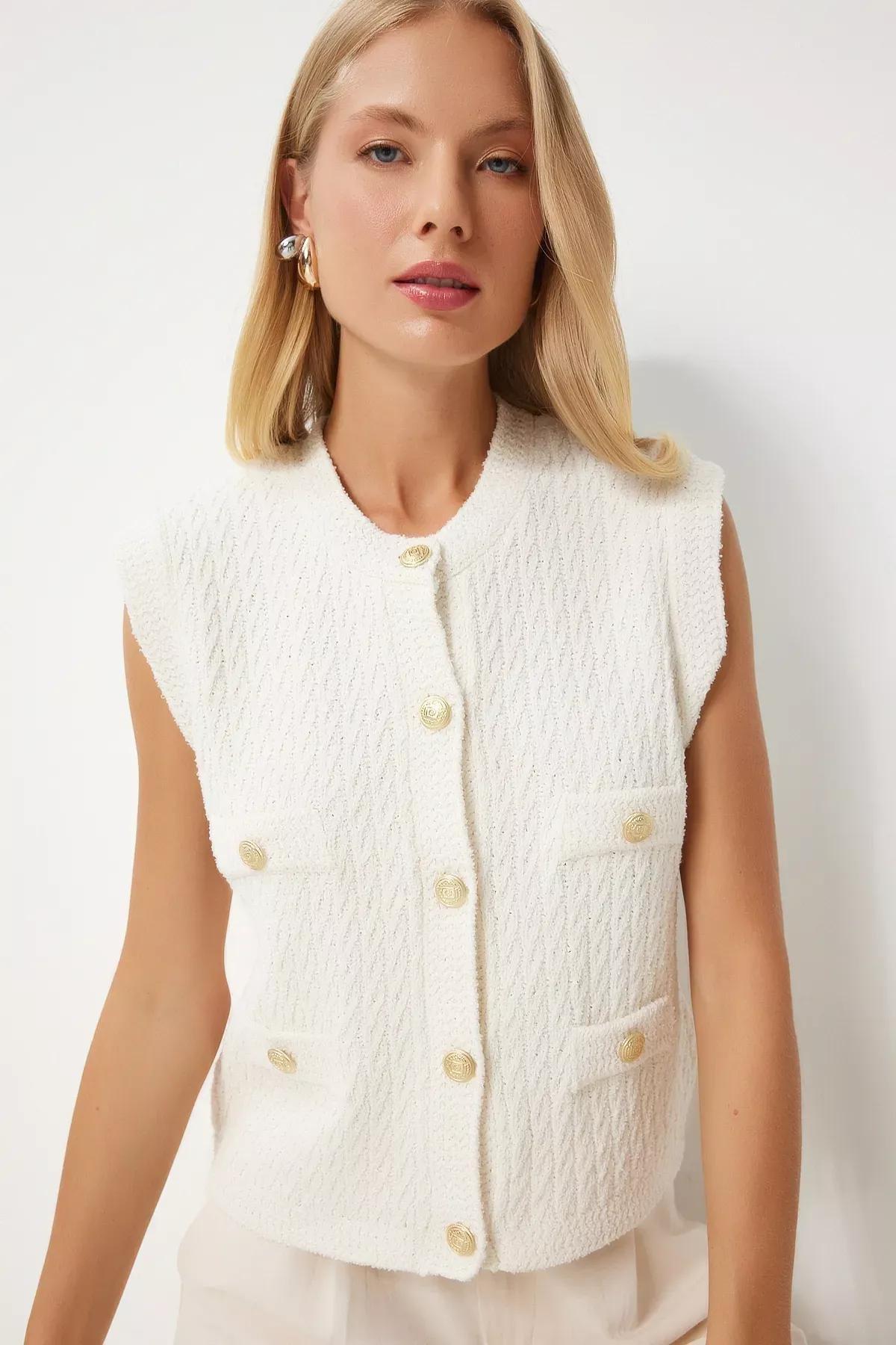White Buttoned Textured Knit Vest, Bone, large image number 0
