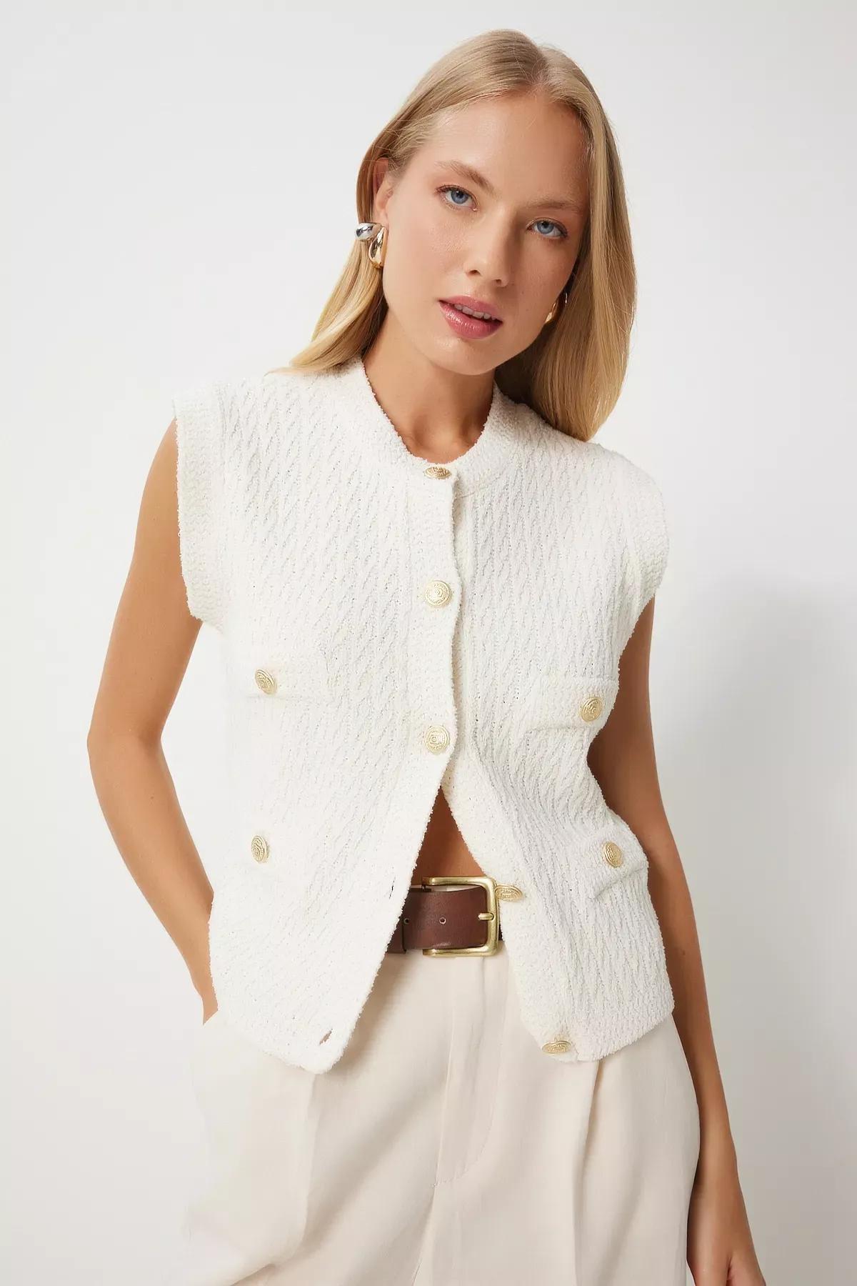 White Buttoned Textured Knit Vest, Bone, large image number 3