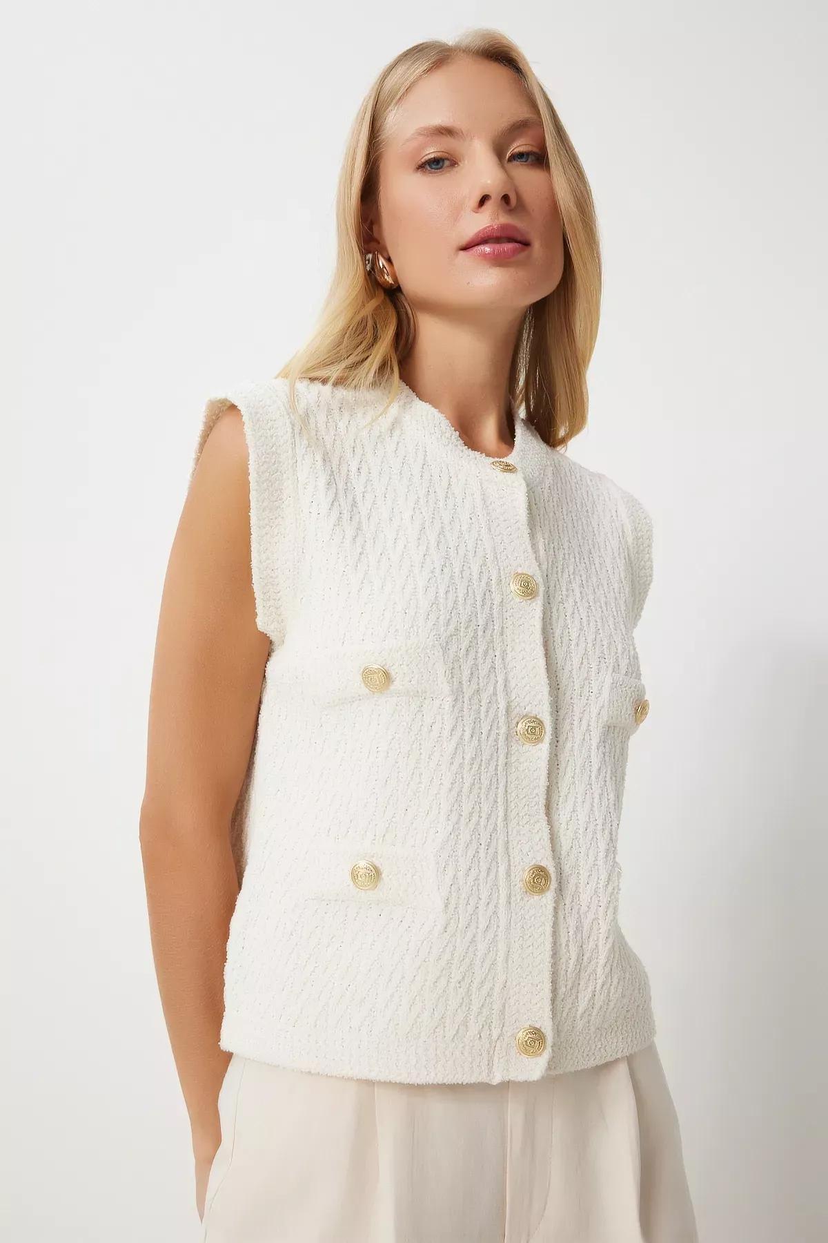 White Buttoned Textured Knit Vest, Bone, large image number 4