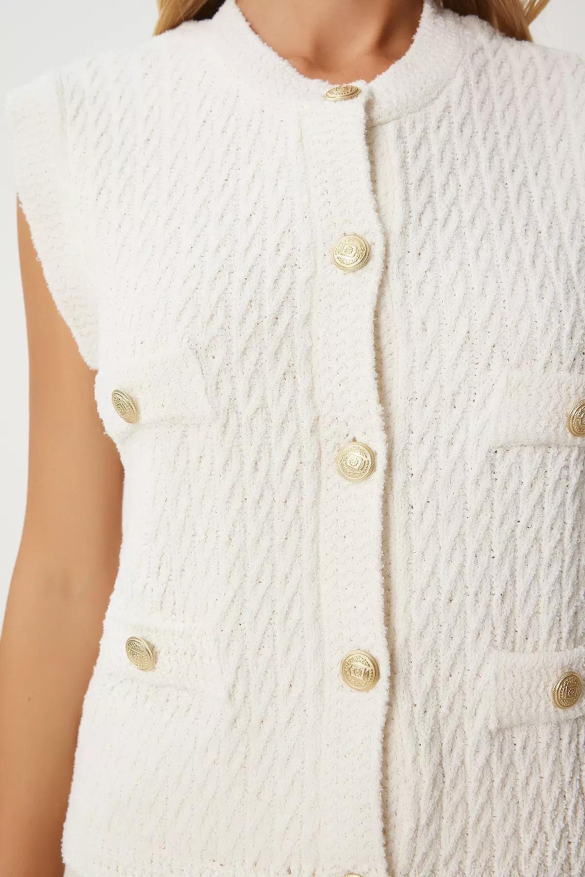 White Buttoned Textured Knit Vest, Bone, large image number 5