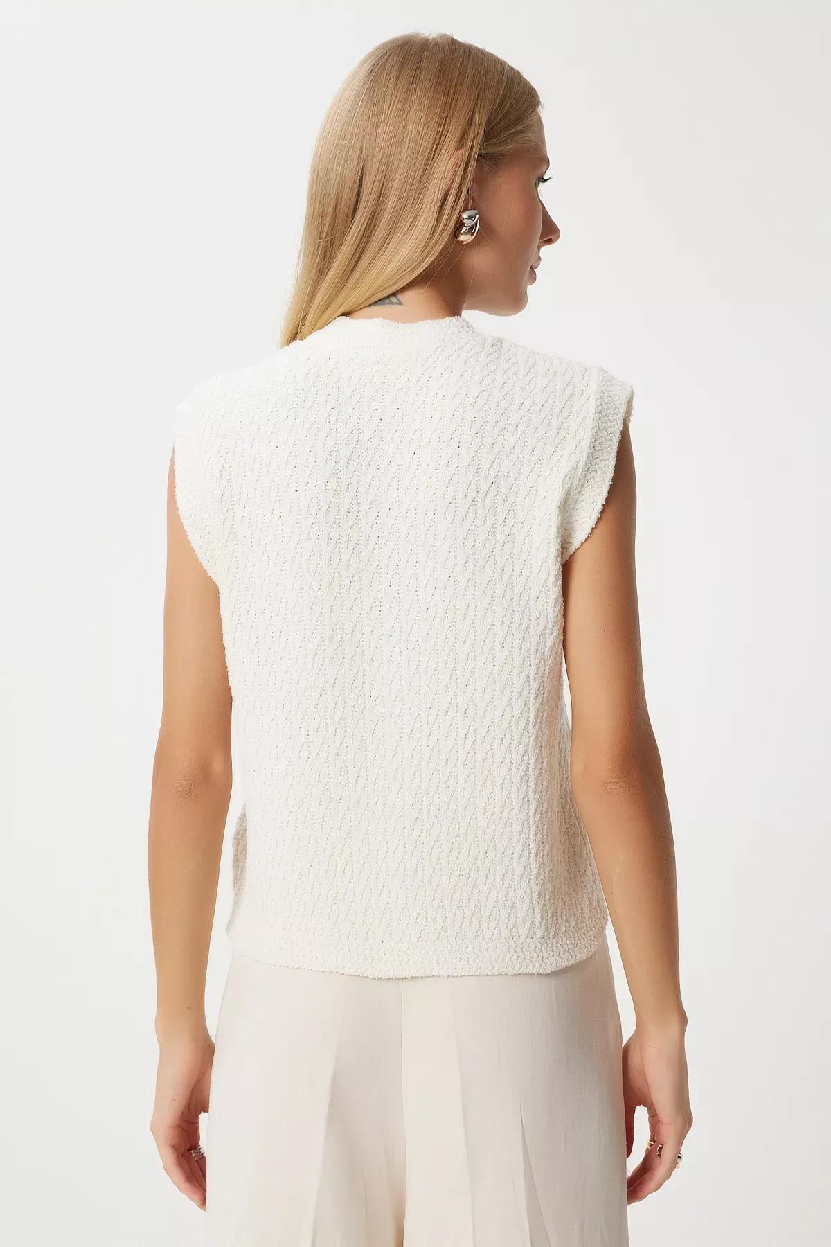 White Buttoned Textured Knit Vest, Bone, large image number 6