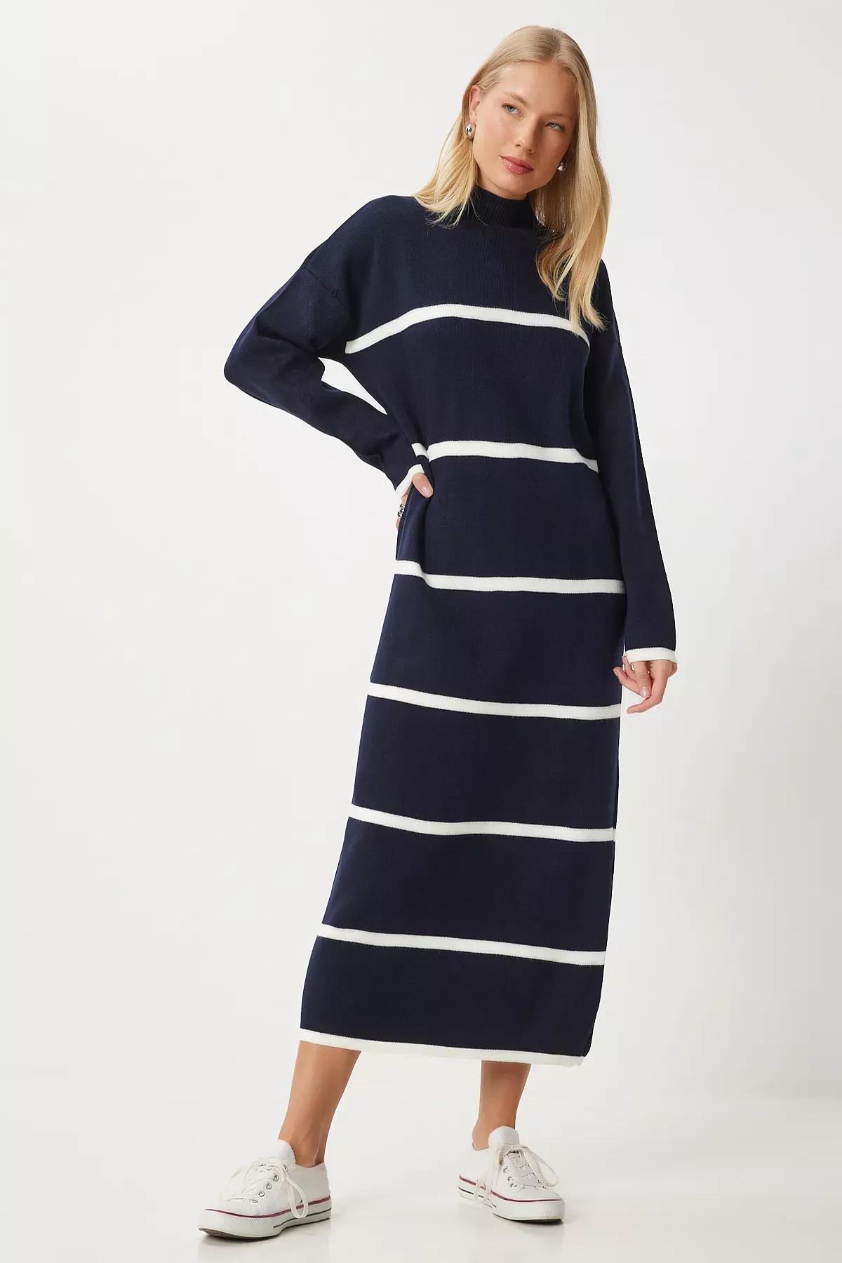 Navy White Thick Striped Knit Dress, Navy Blue White, large image number 1