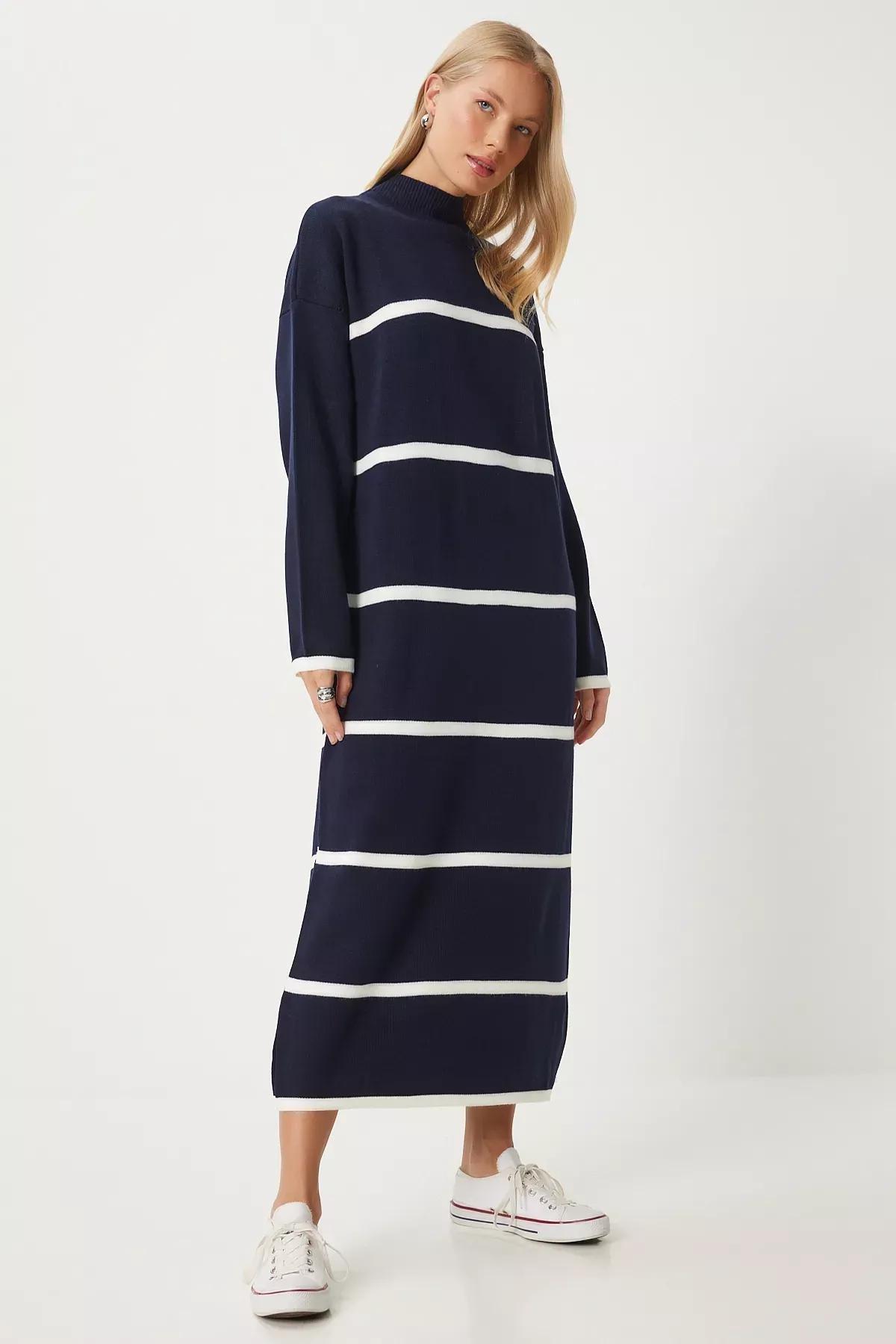 Navy White Thick Striped Knit Dress, Navy Blue White, large image number 2