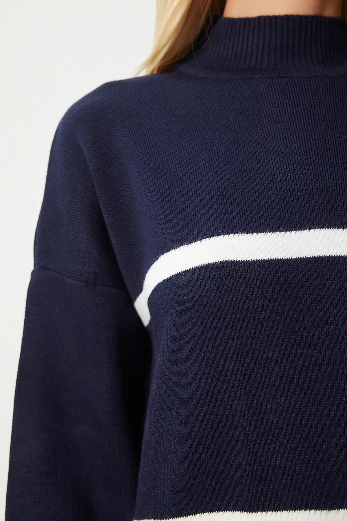 Navy White Thick Striped Knit Dress, Navy Blue White, large image number 3