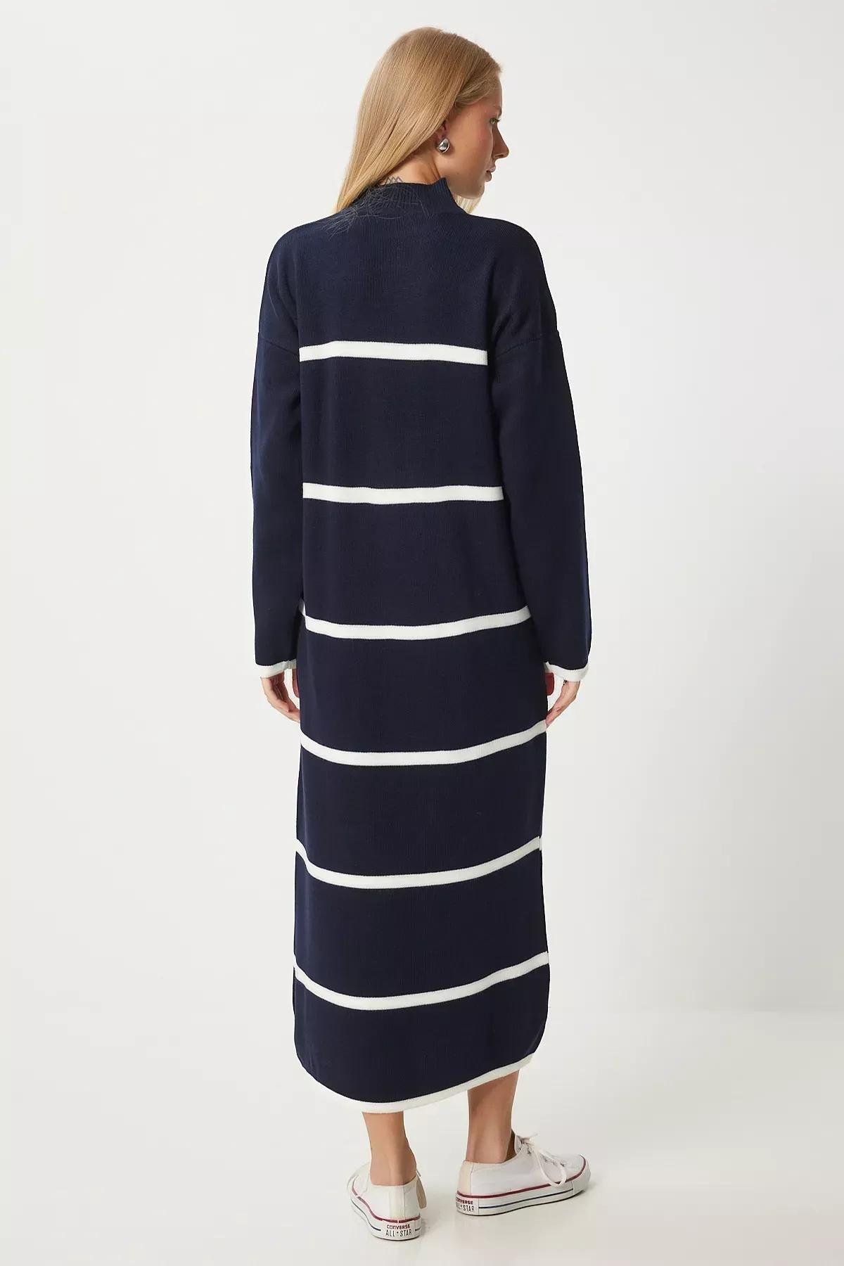 Navy White Thick Striped Knit Dress, Navy Blue White, large image number 4