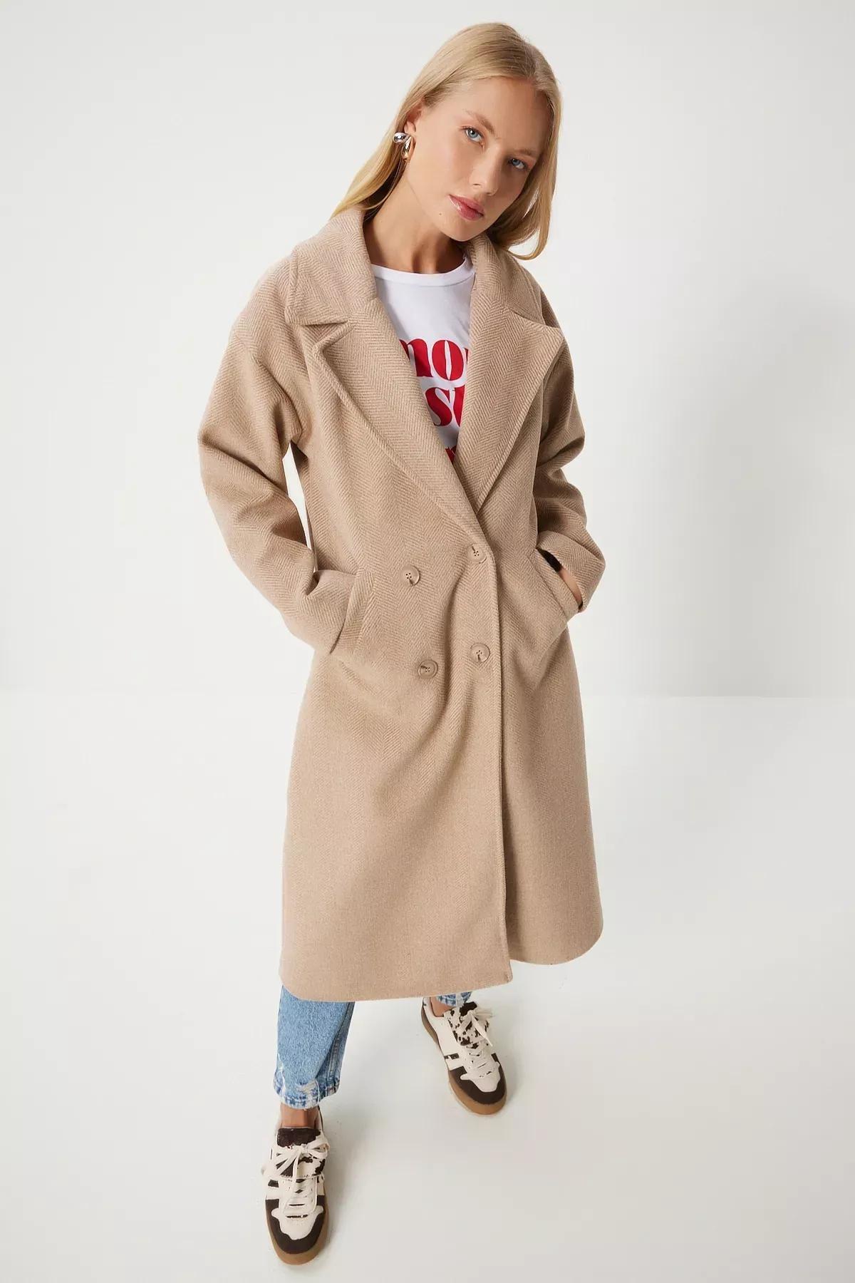Brown Double-Breasted Cashmere Coat, BISCUIT, medium