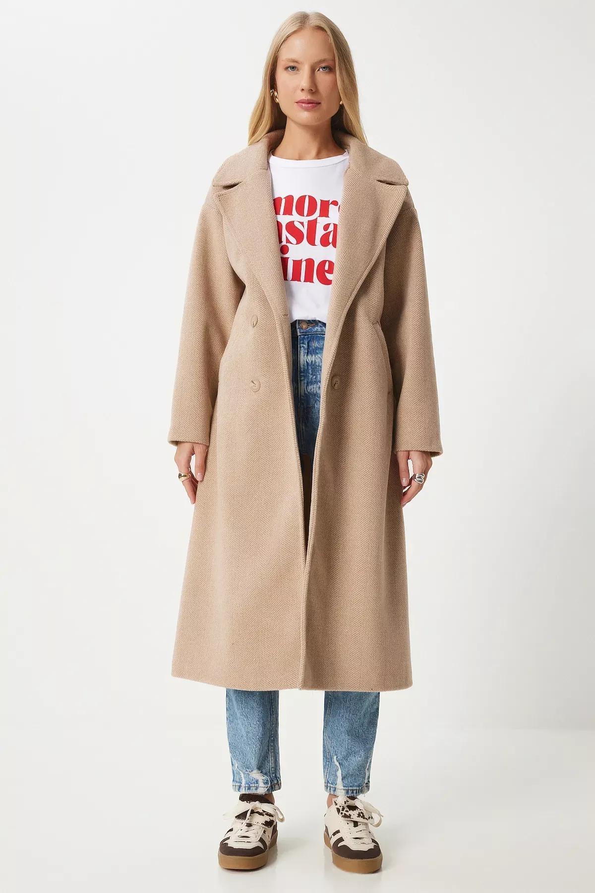 Brown Double-Breasted Cashmere Coat, BISCUIT, medium