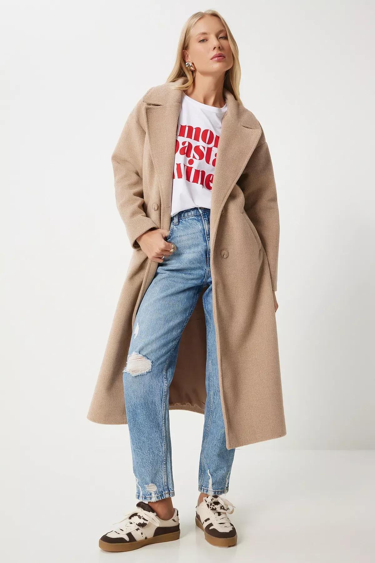 Brown Double-Breasted Cashmere Coat, BISCUIT, medium