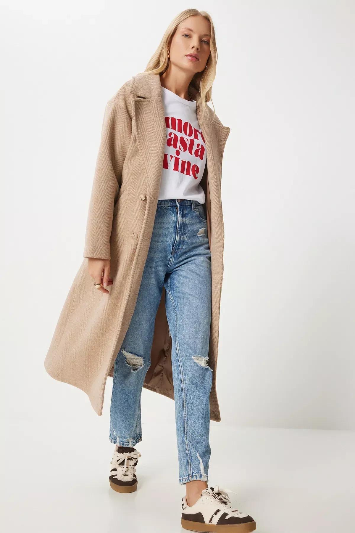 Brown Double-Breasted Cashmere Coat, BISCUIT, large image number 3