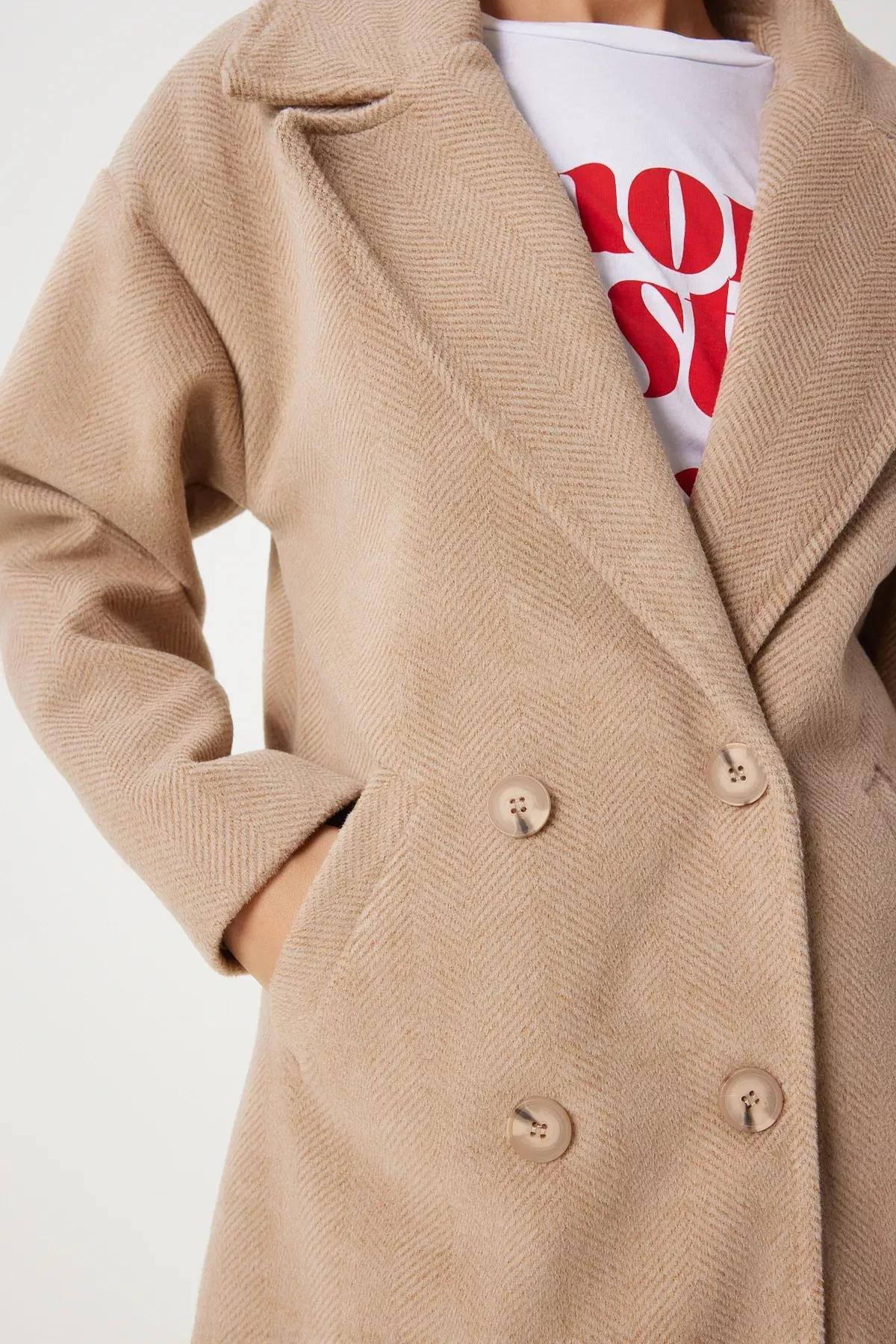 Brown Double-Breasted Cashmere Coat, BISCUIT, large image number 5