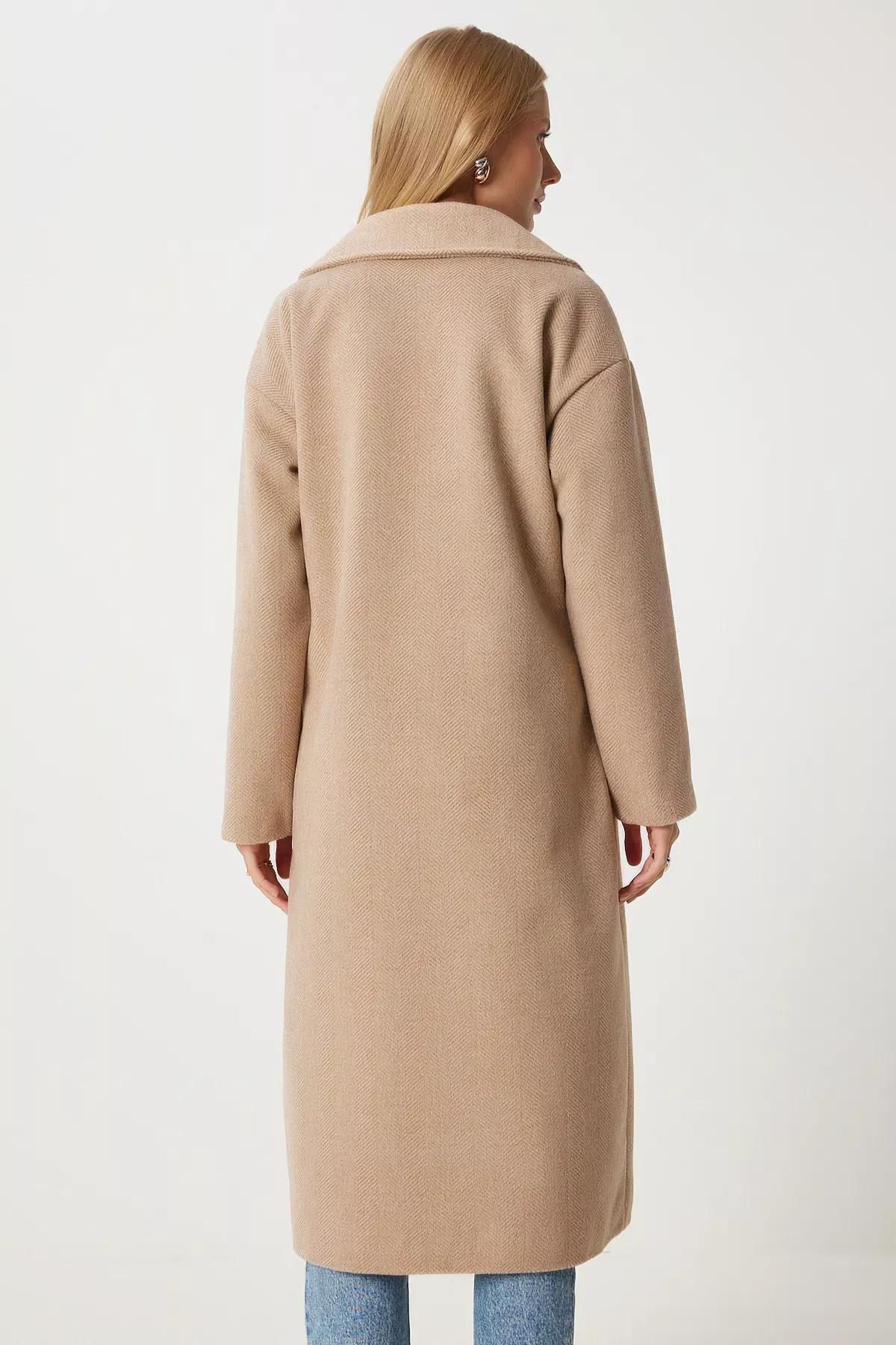 Brown Double-Breasted Cashmere Coat, BISCUIT, large image number 7