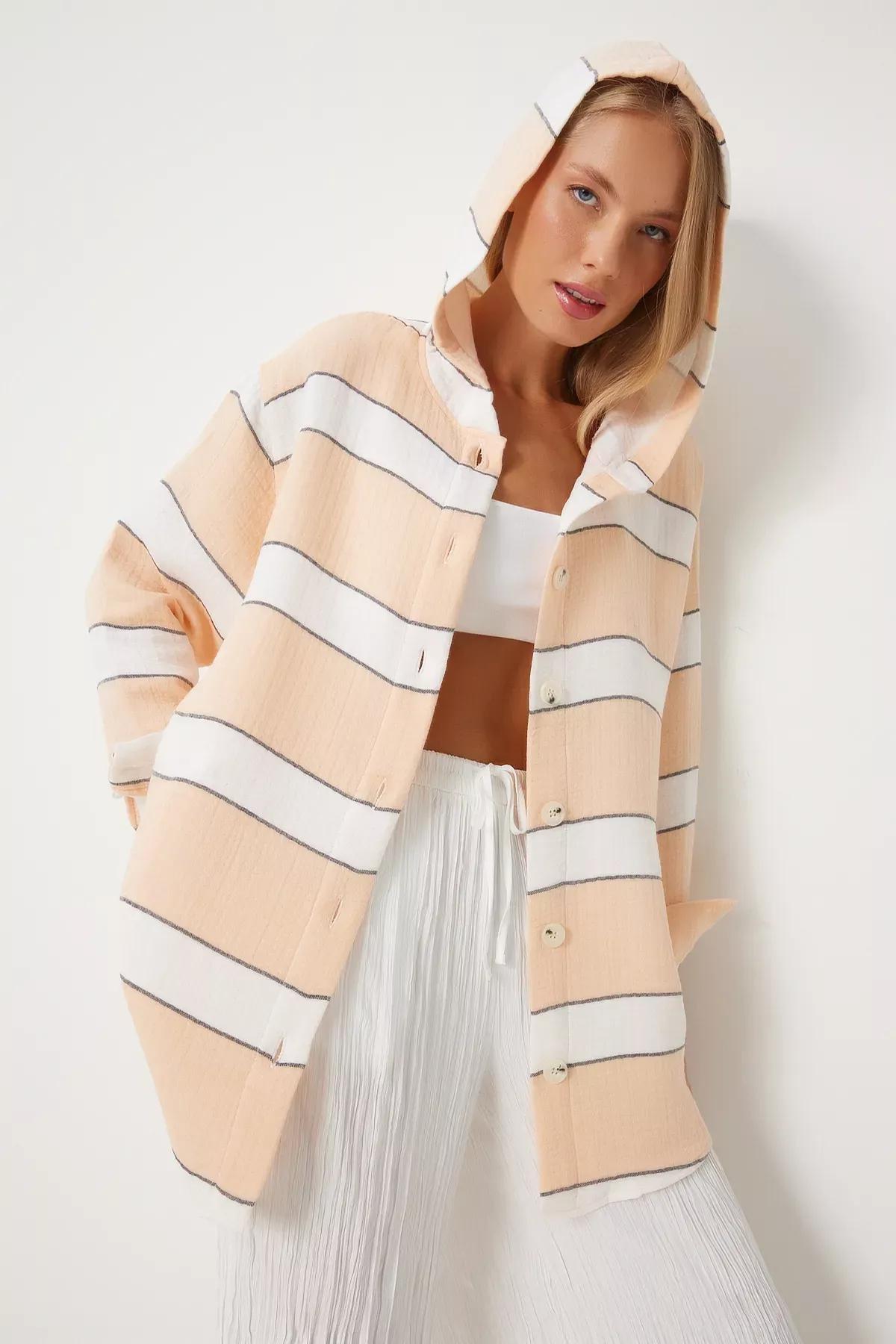 Pink Striped Hooded Oversize Muslin Jacket, Salmon, large image number 0