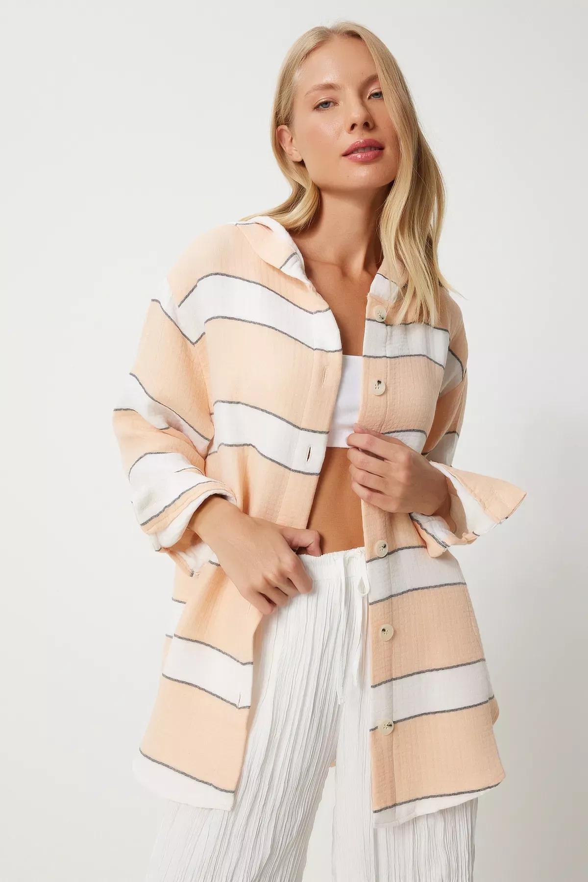 Pink Striped Hooded Oversize Muslin Jacket, Salmon, large image number 1