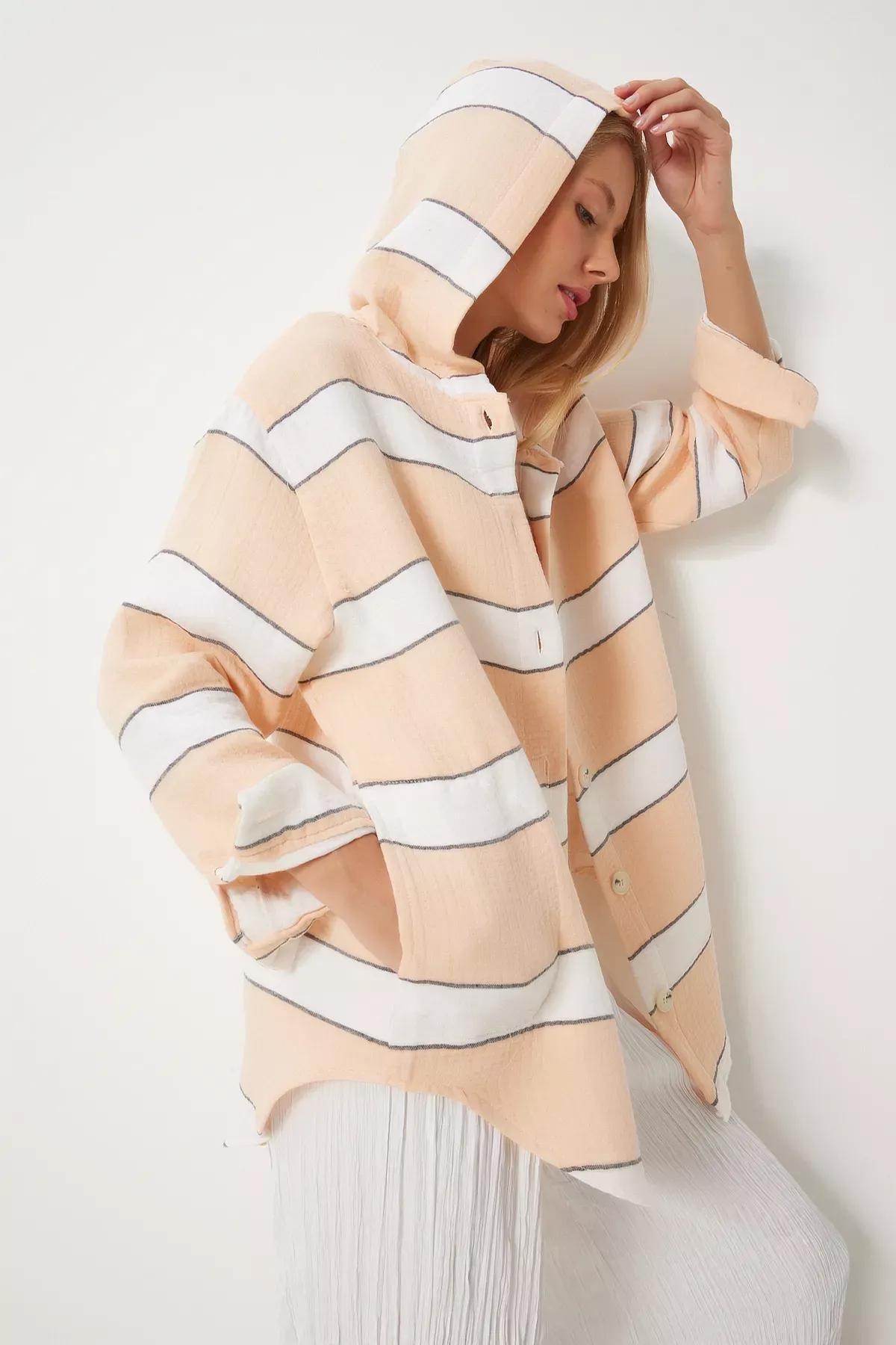 Pink Striped Hooded Oversize Muslin Jacket, Salmon, large image number 2