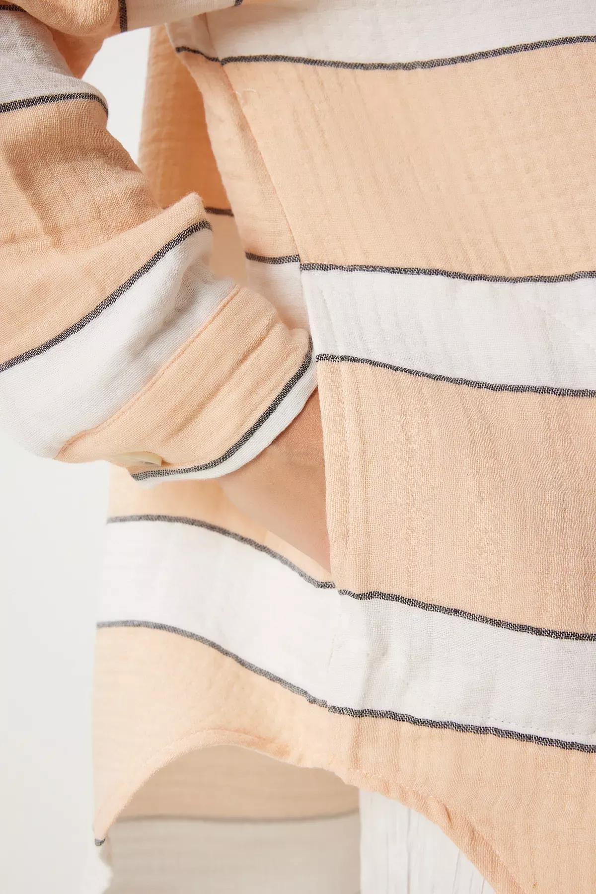 Pink Striped Hooded Oversize Muslin Jacket, Salmon, large image number 4