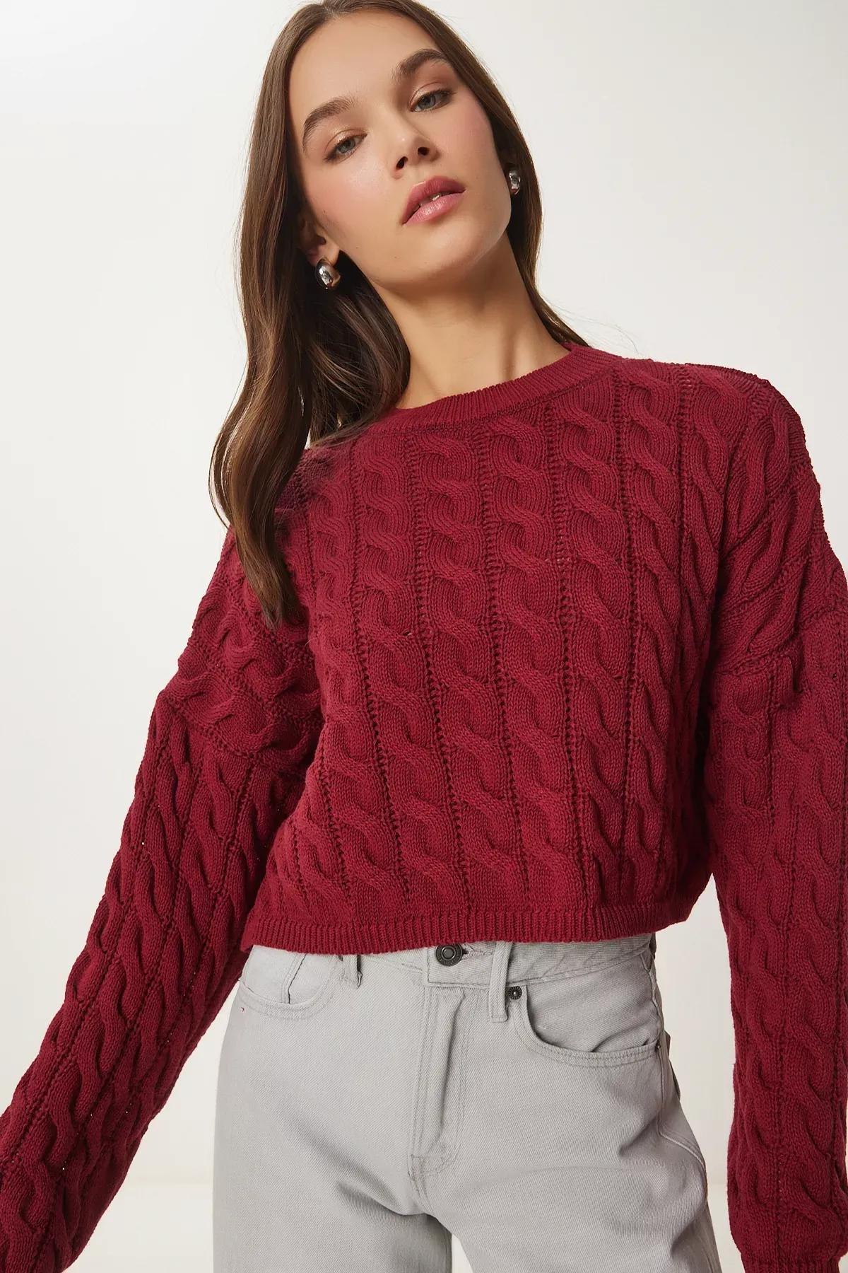 Burgundy Crew Neck Knitted Motif Knitted Sweater, Burgundy, large image number 0