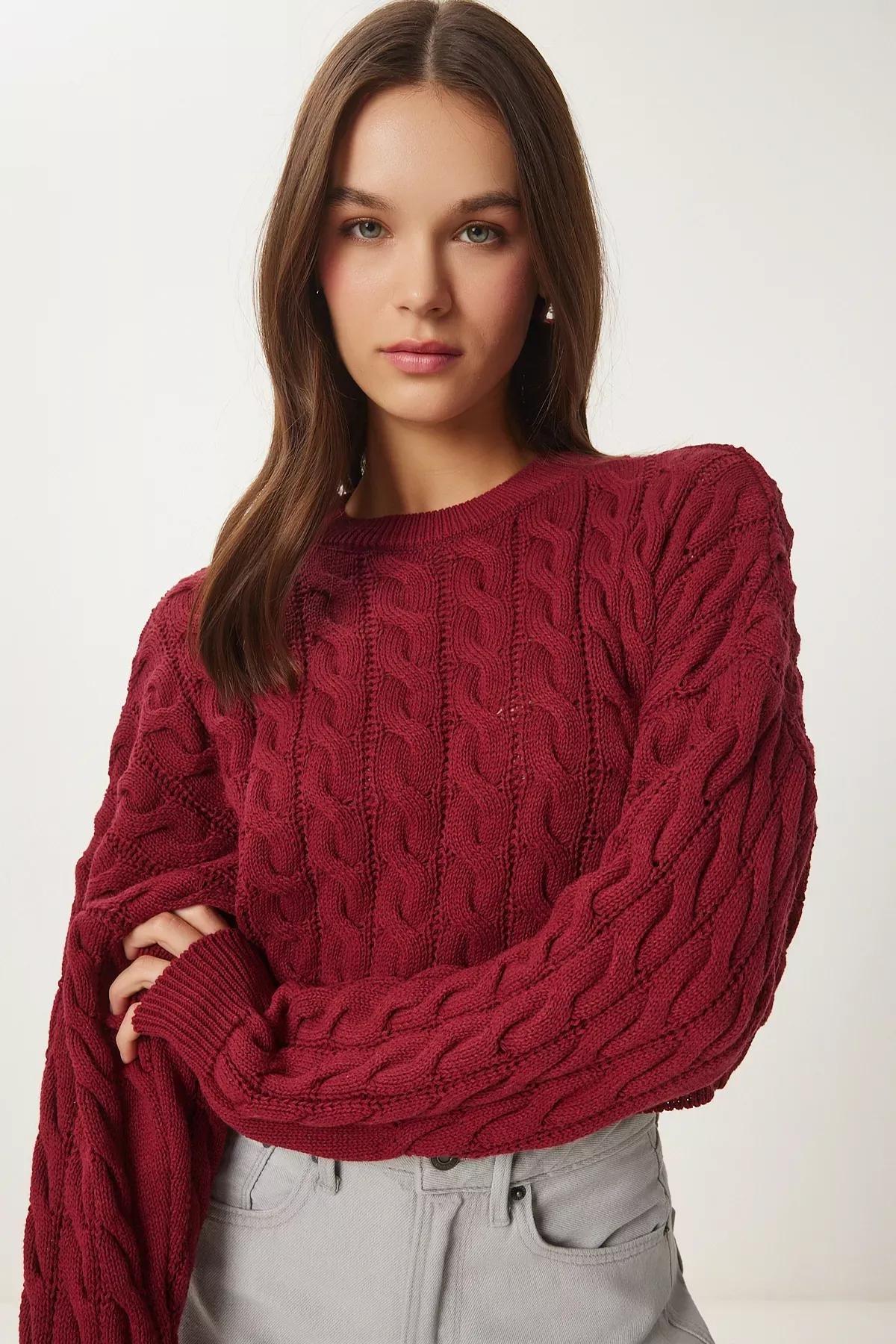 Burgundy Crew Neck Knitted Motif Knitted Sweater, Burgundy, large image number 2