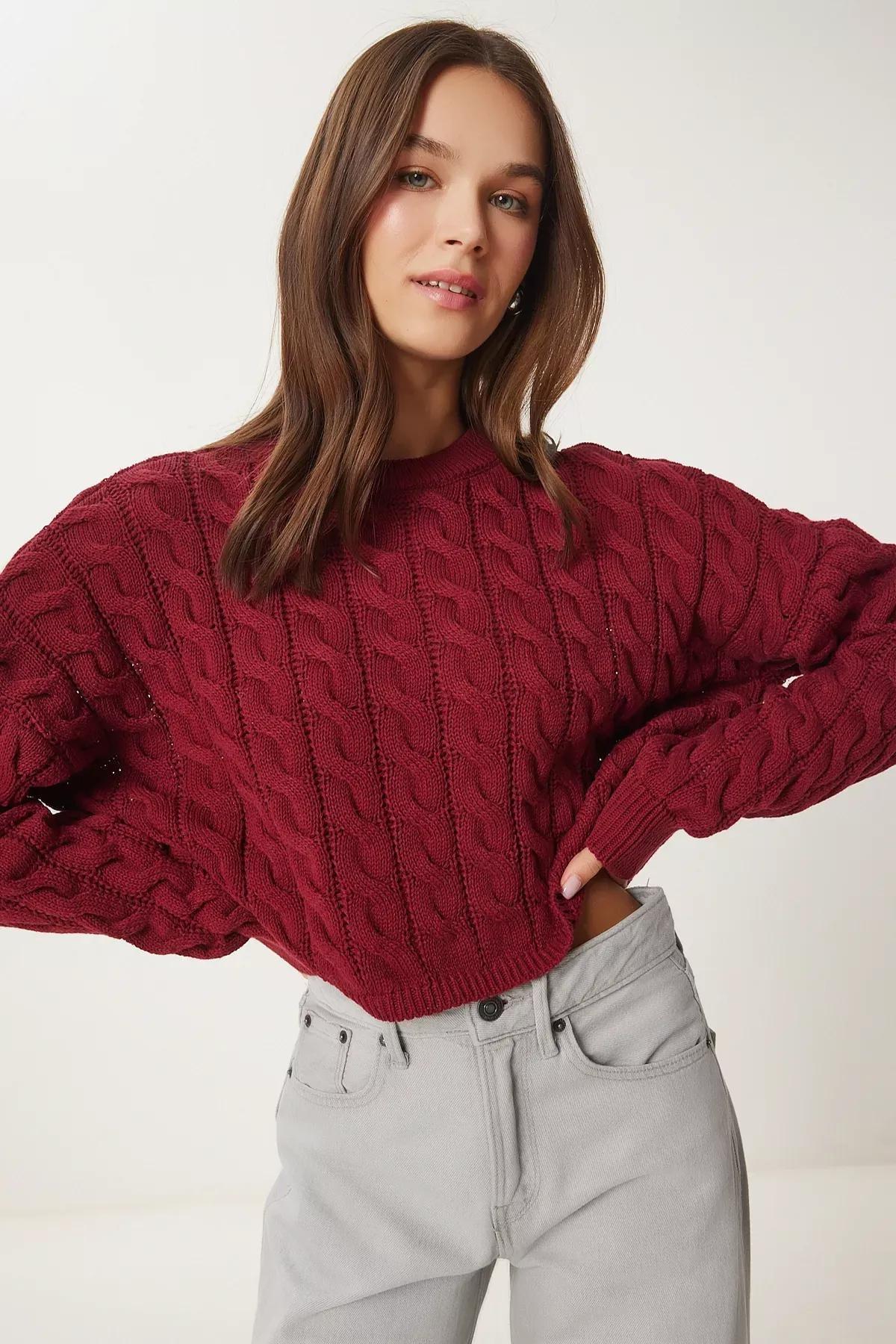 Burgundy Crew Neck Knitted Motif Knitted Sweater, Burgundy, large image number 3