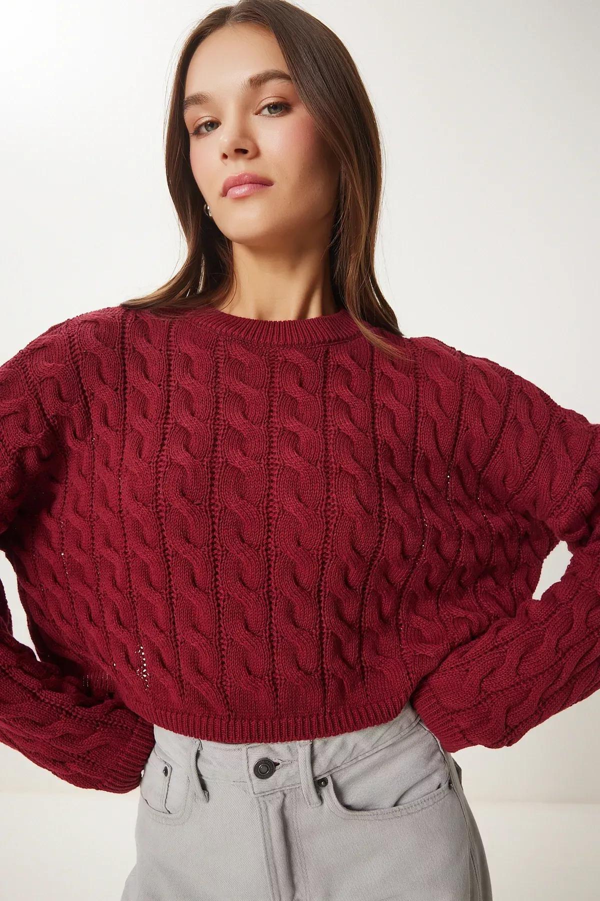 Burgundy Crew Neck Knitted Motif Knitted Sweater, Burgundy, large image number 4