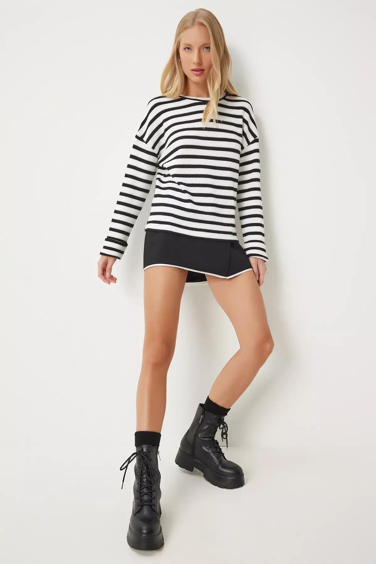 Black-Beige Striped Knit Sweater, BLACK ECRU, large image number 1