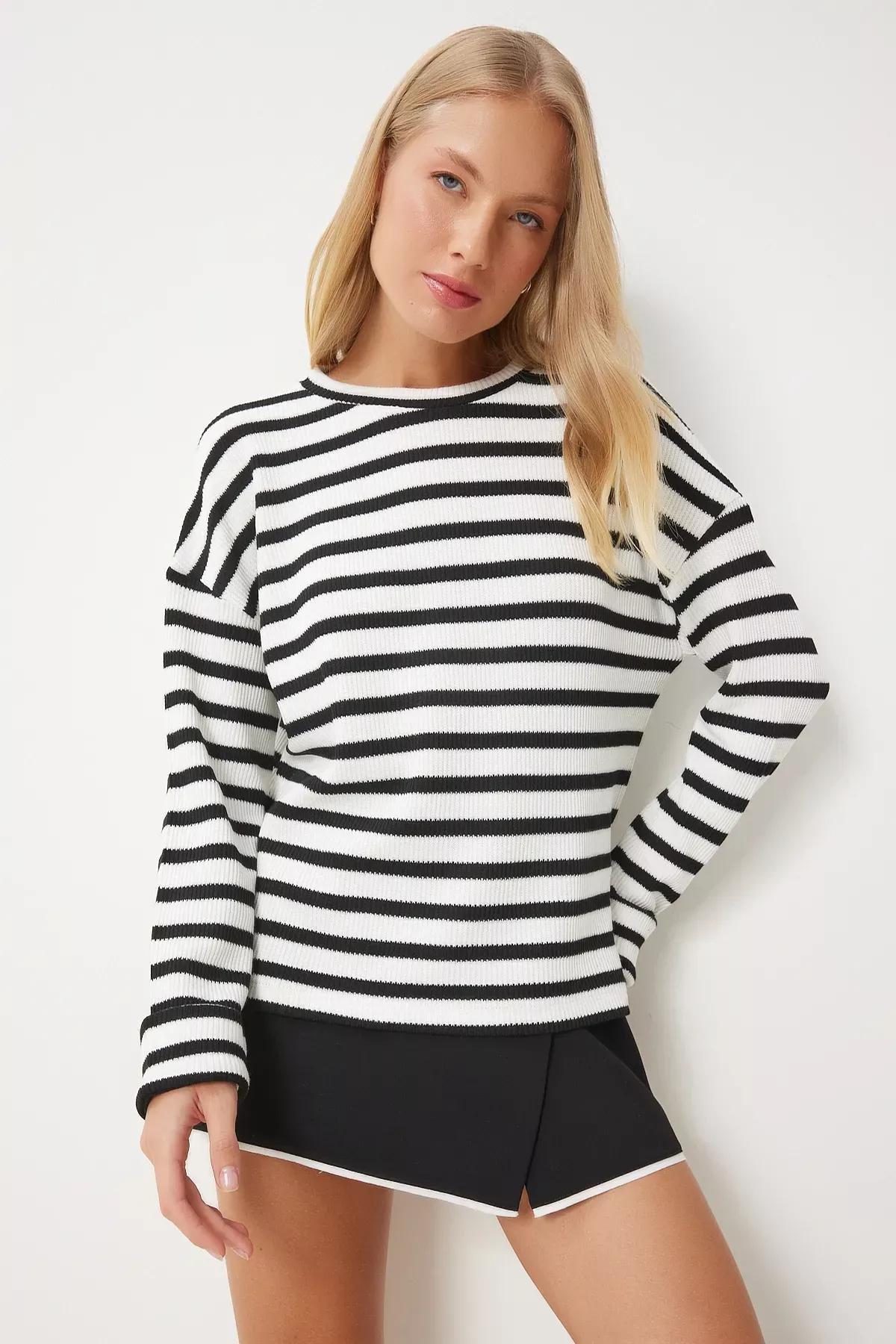 Black-Beige Striped Knit Sweater, BLACK ECRU, large image number 2