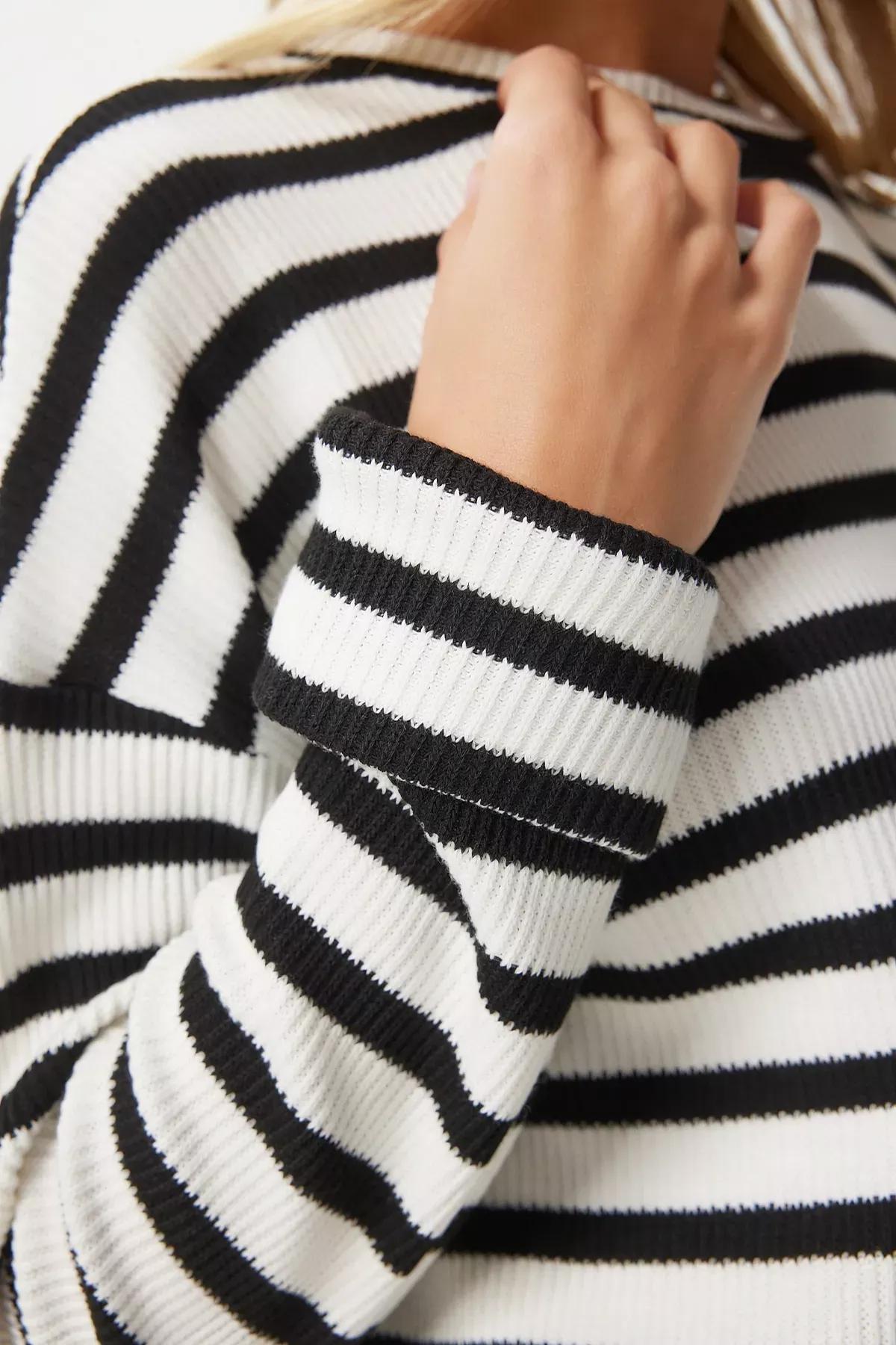 Black-Beige Striped Knit Sweater, BLACK ECRU, large image number 3