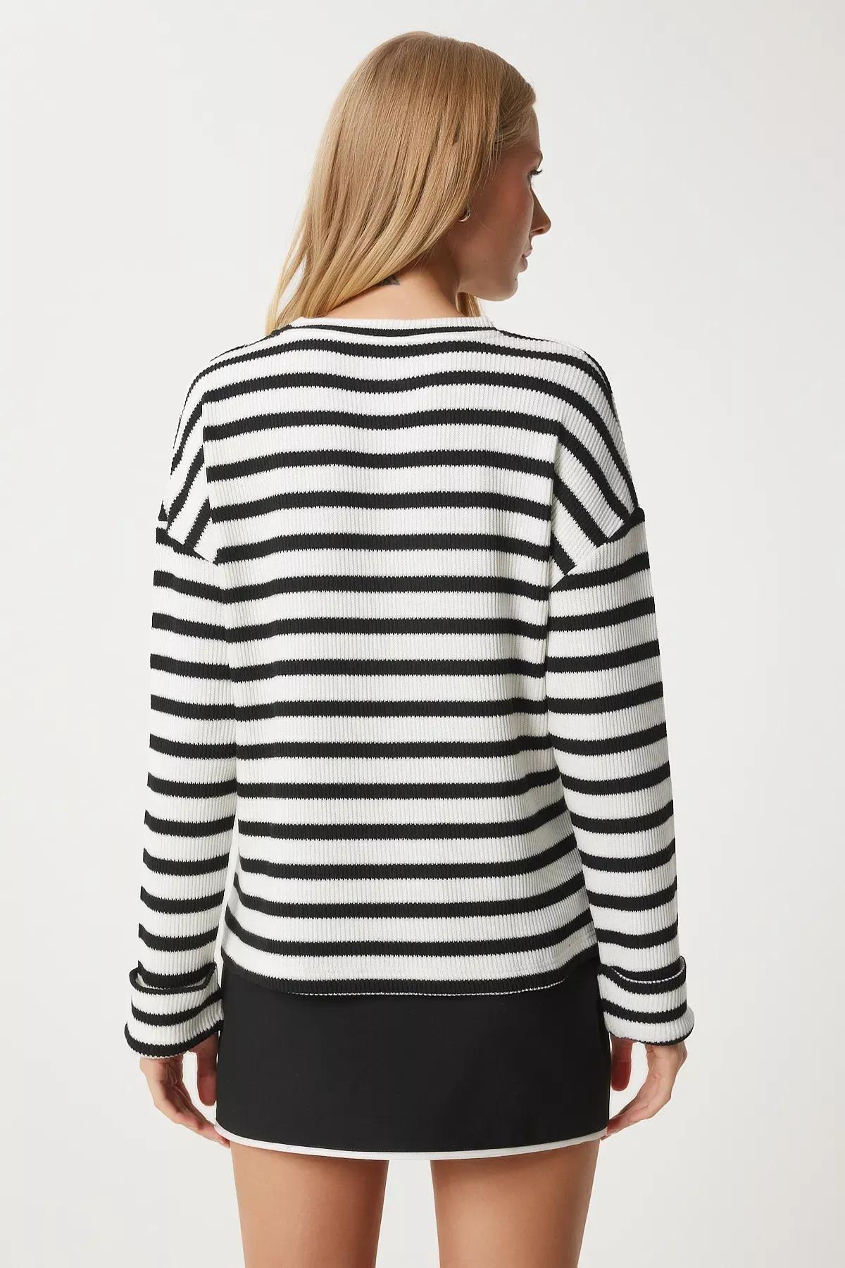 Black-Beige Striped Knit Sweater, BLACK ECRU, large image number 4