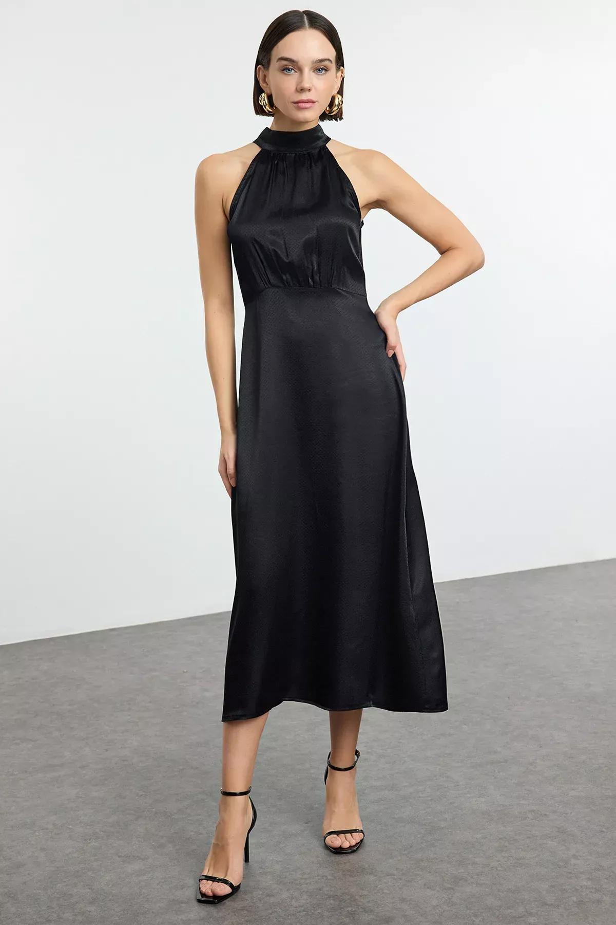 Black A-Line Detailed Midi Woven Dress, , large image number 0