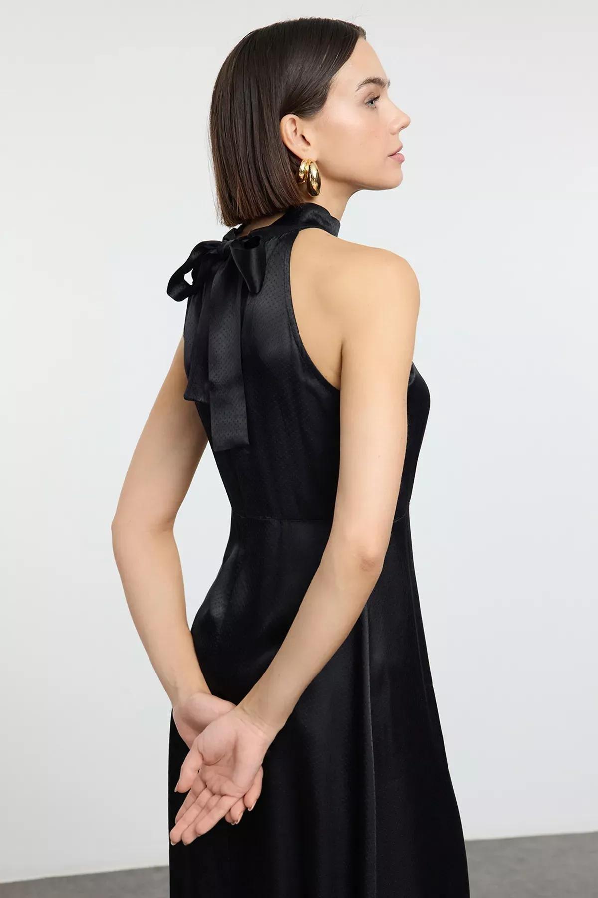 Black A-Line Detailed Midi Woven Dress, , large image number 1