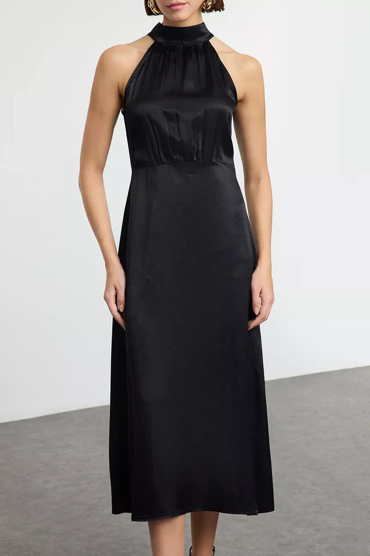Black A-Line Detailed Midi Woven Dress, , large image number 2