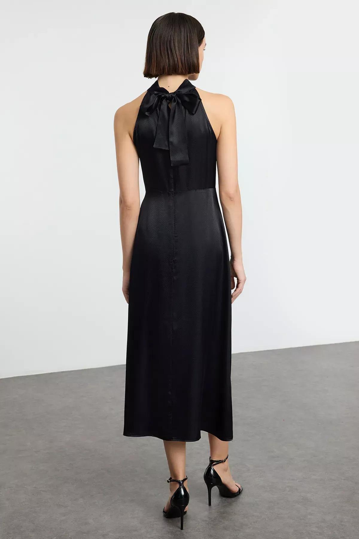 Black A-Line Detailed Midi Woven Dress, , large image number 4