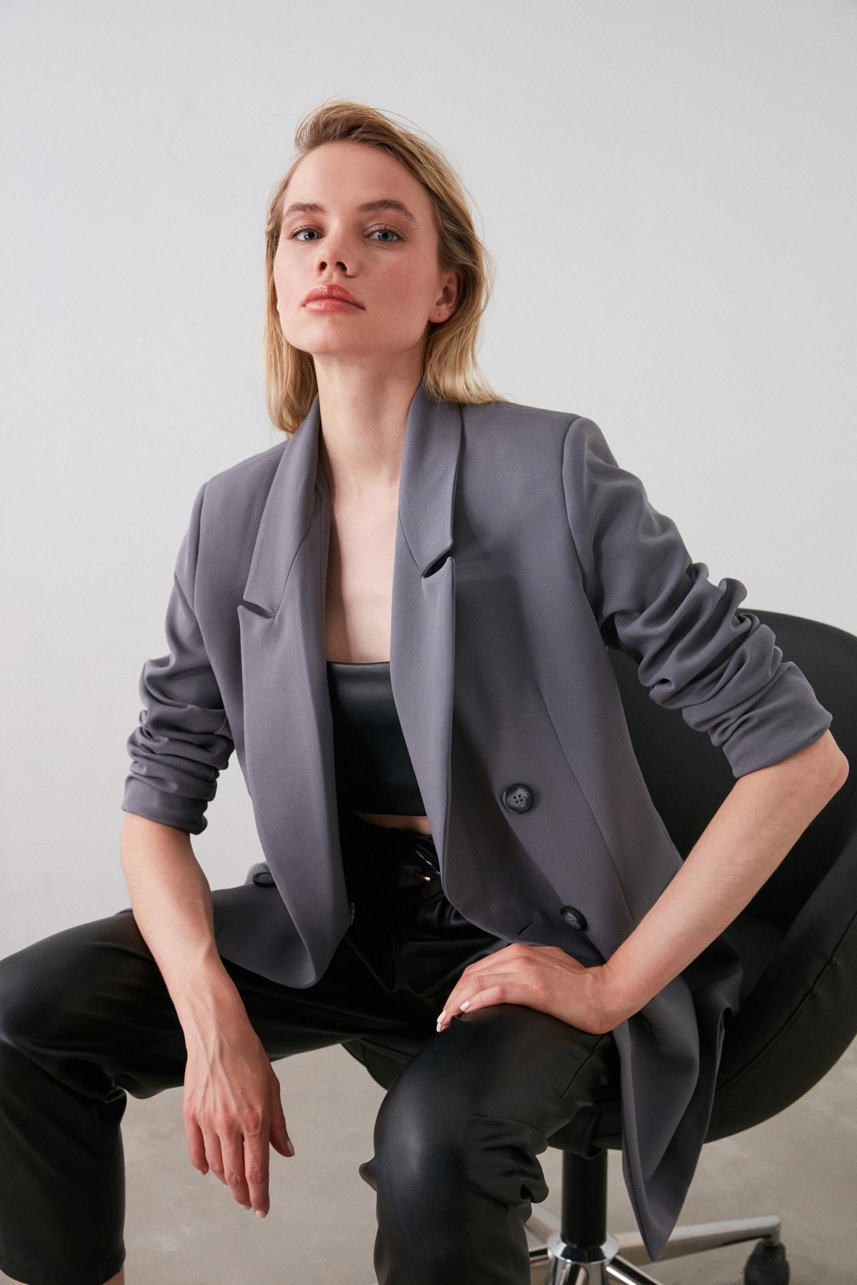 Grey Oversized Cache-Coeur Blazer, , large image number 0