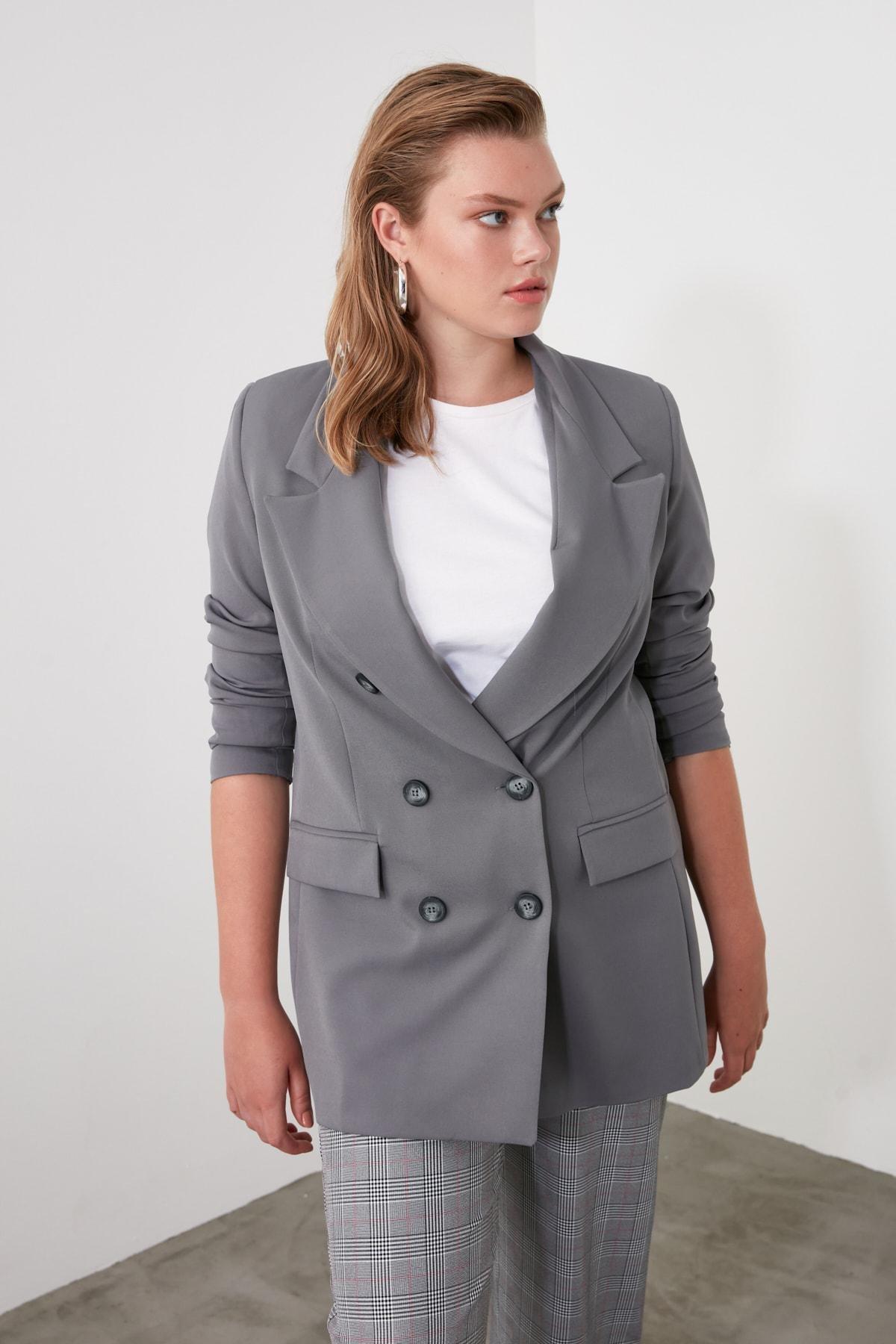 Grey Oversized Cache-Coeur Blazer, , large image number 2