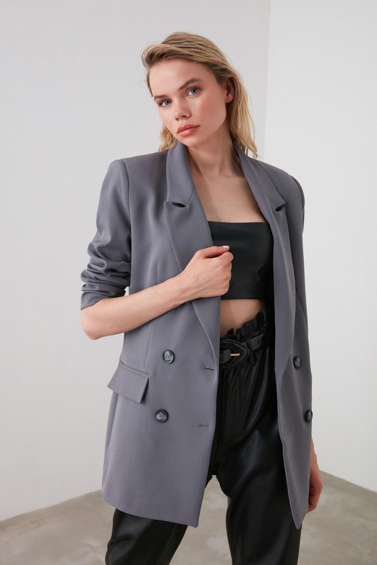 Grey Oversized Cache-Coeur Blazer, , large image number 6