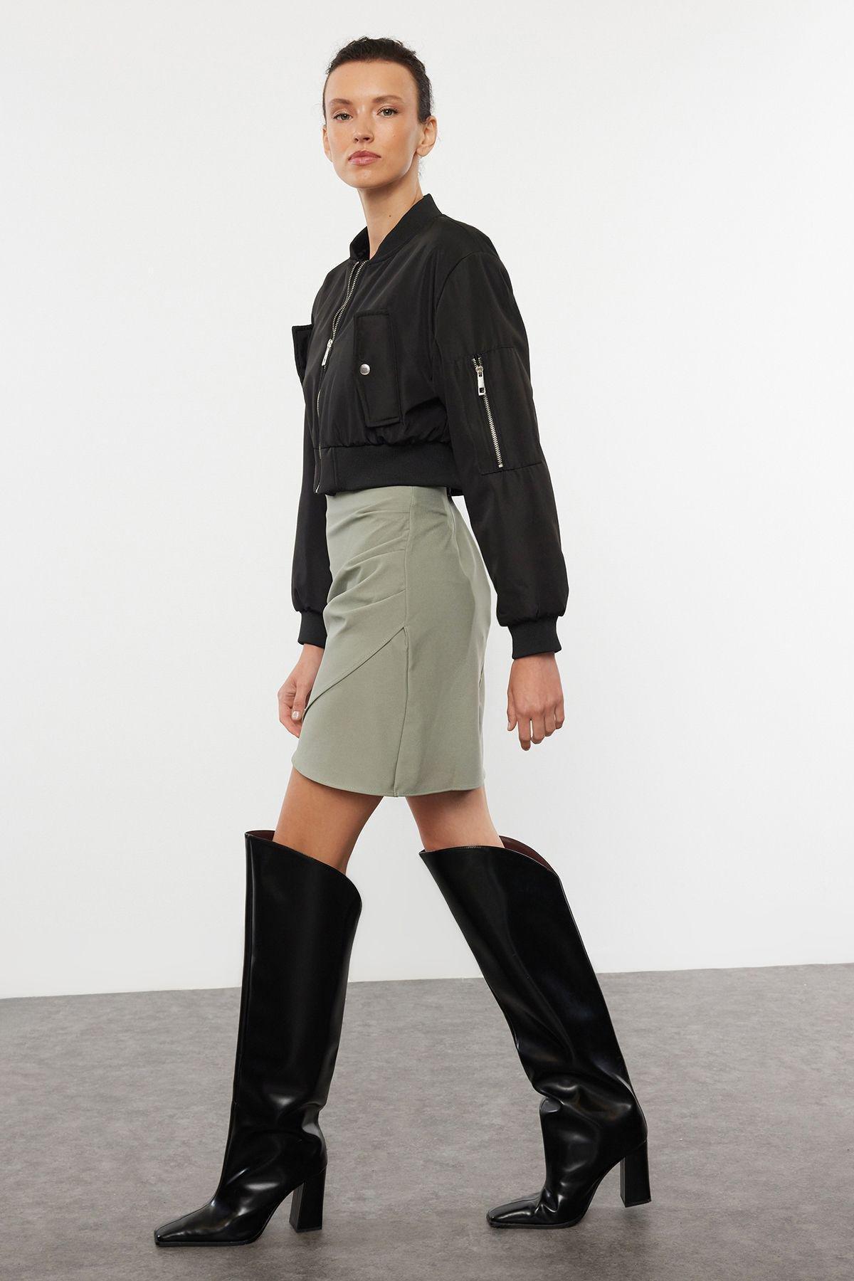 Khaki Ruffle Detailed Double Breasted Mini Woven Skirt TWOAW20ET0094, Khaki, large image number 1