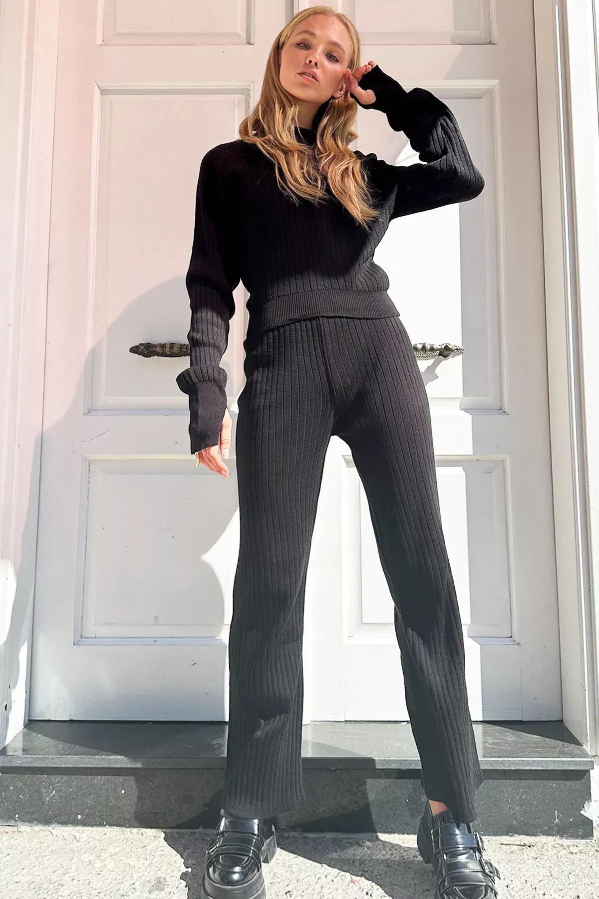 Blue Boat Neck Blouse Trouser Set, BLACK, large image number 1