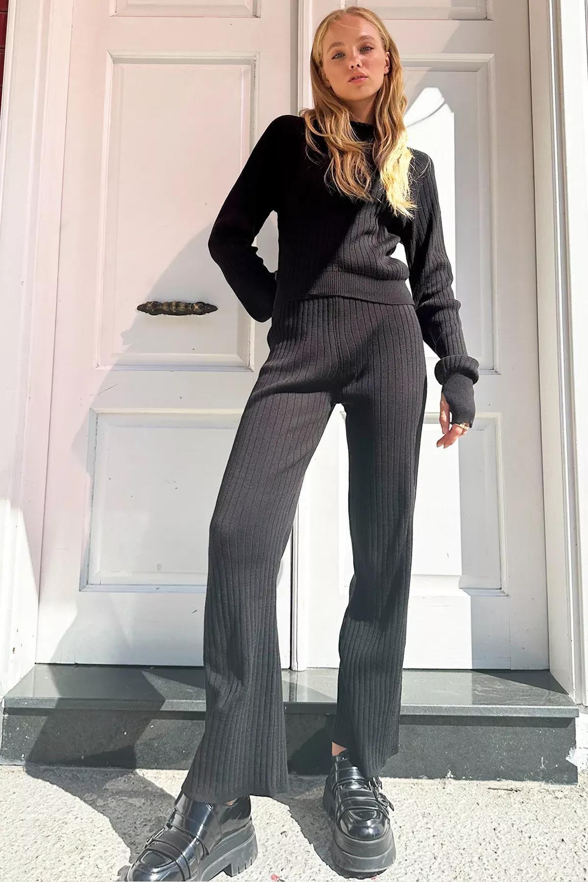 Blue Boat Neck Blouse Trouser Set, BLACK, large image number 2