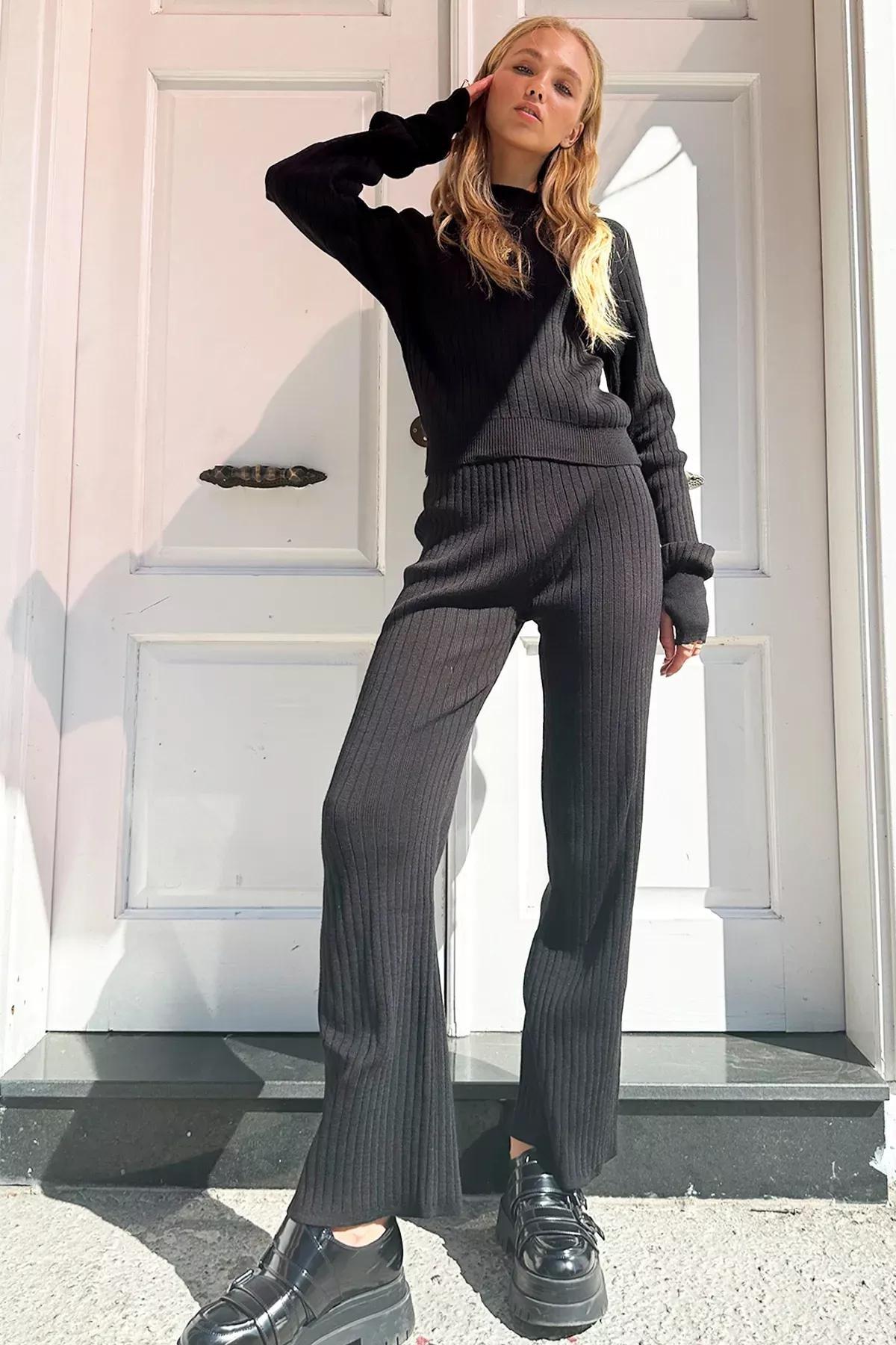 Blue Boat Neck Blouse Trouser Set, BLACK, large image number 3