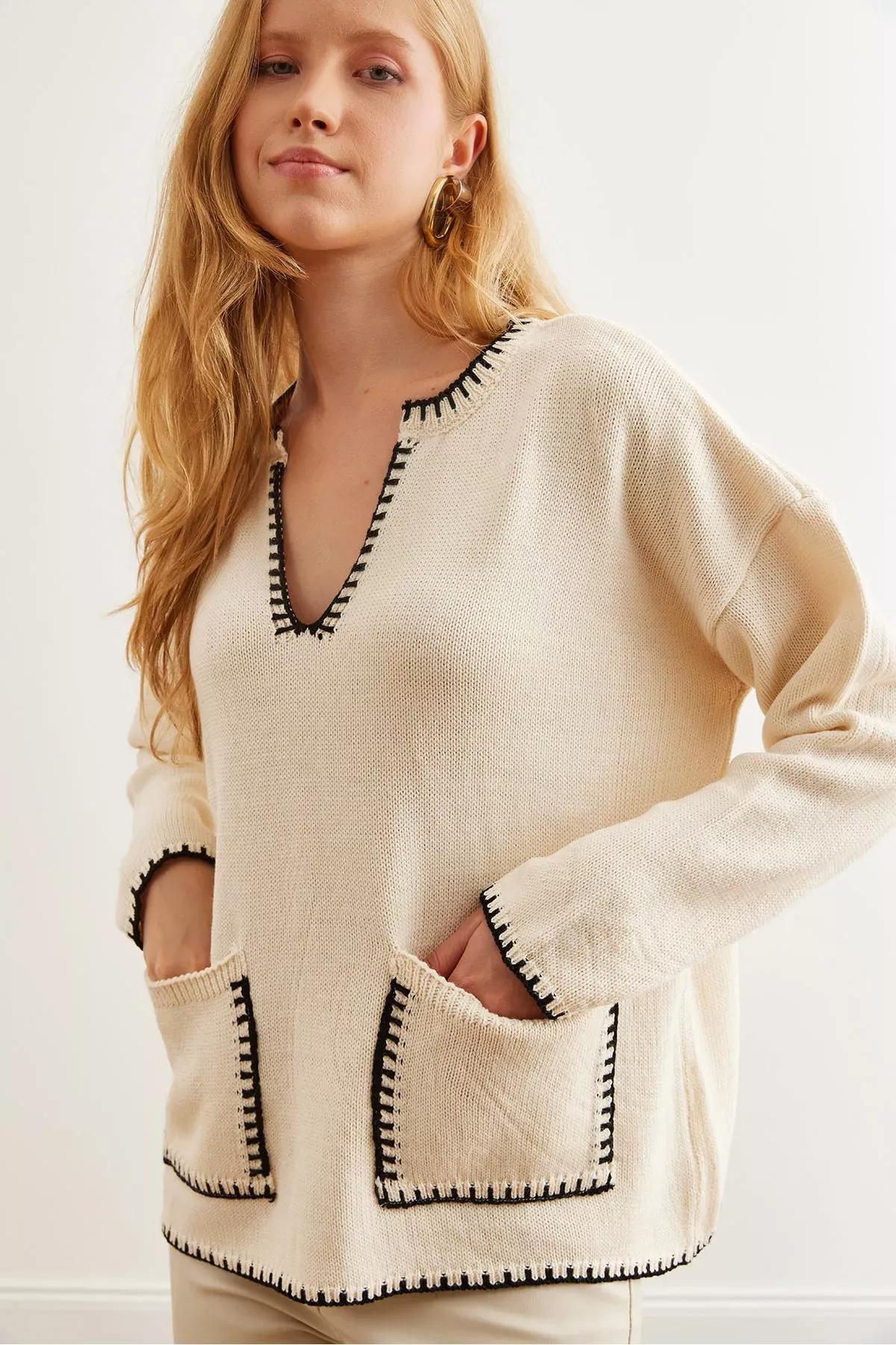 Beige Collar Pocket Detailed Knit Sweater, Ecru, large image number 0