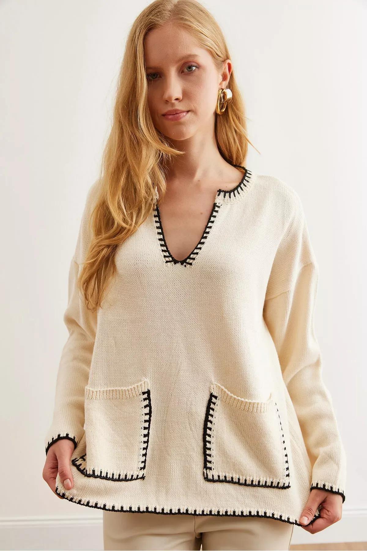 Beige Collar Pocket Detailed Knit Sweater, Ecru, large image number 1