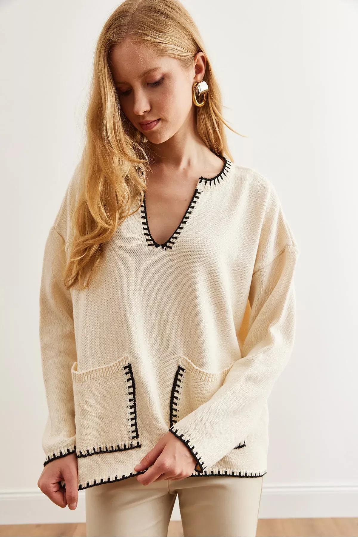 Beige Collar Pocket Detailed Knit Sweater, Ecru, large image number 2