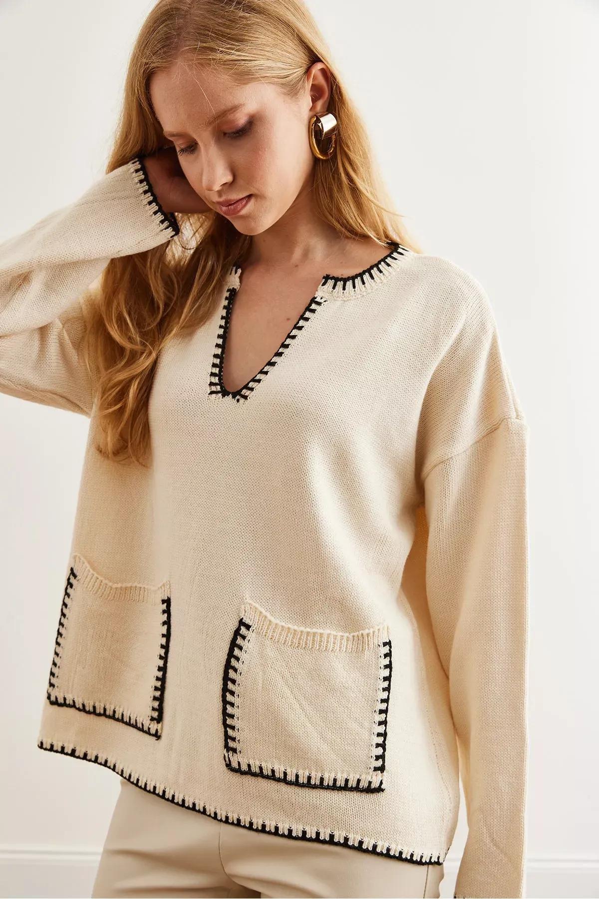Beige Collar Pocket Detailed Knit Sweater, Ecru, large image number 3