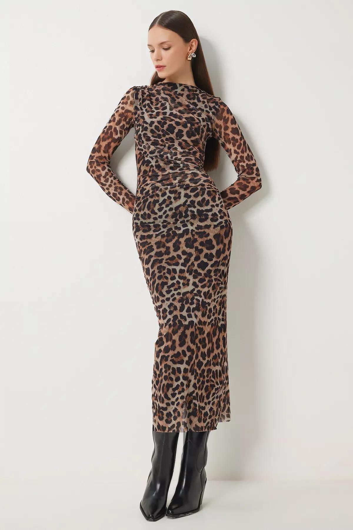 Multicolour Patterned Pleated Wrapped Tulle Dress, Brown Beige, medium