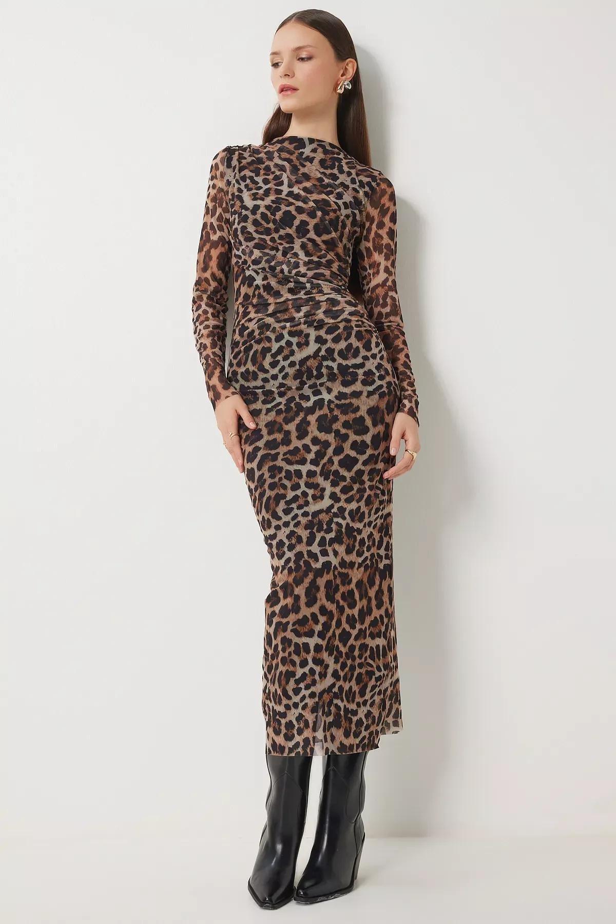 Multicolour Patterned Pleated Wrapped Tulle Dress, Brown Beige, medium