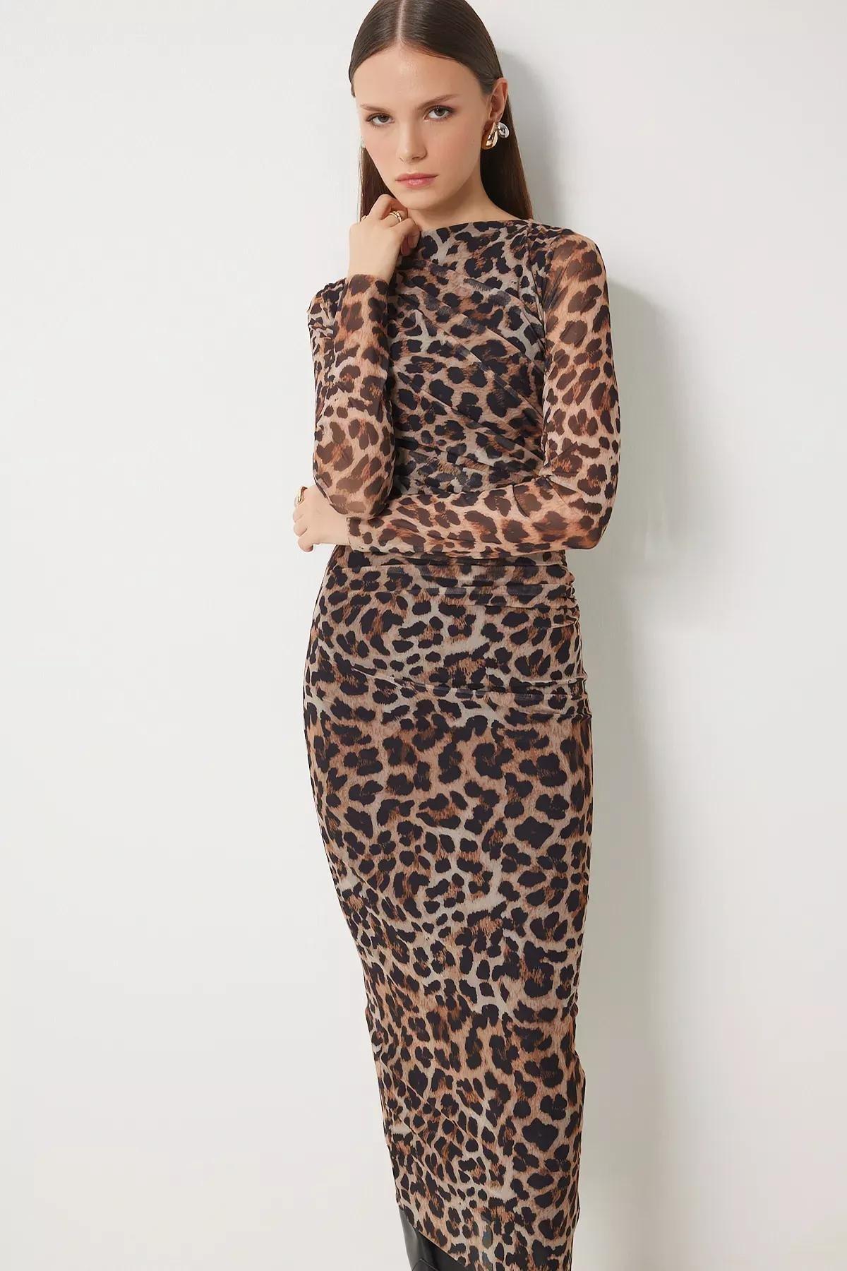 Multicolour Patterned Pleated Wrapped Tulle Dress, Brown Beige, medium