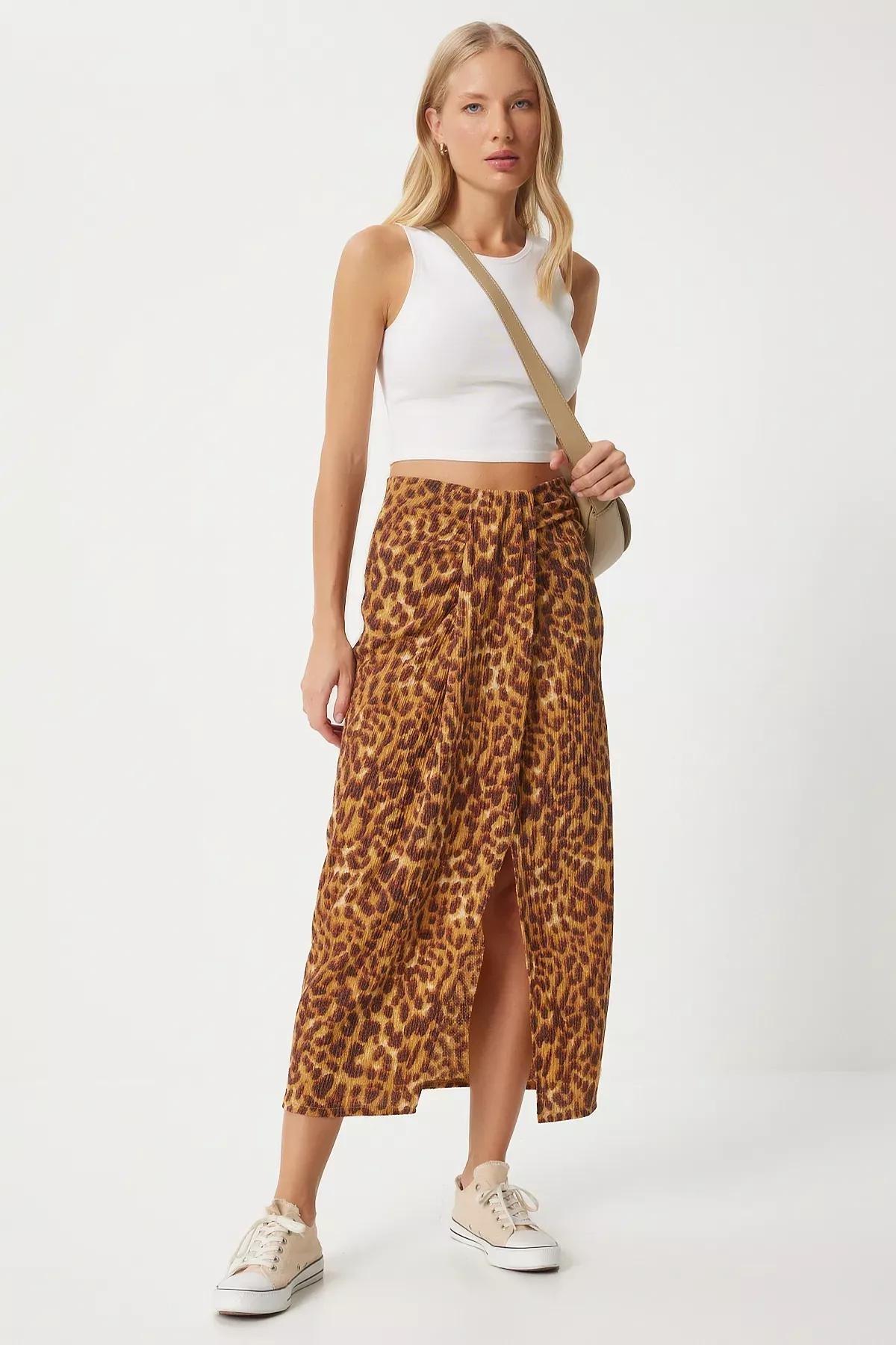Orange Leopard Slit Skirt, , large image number 0